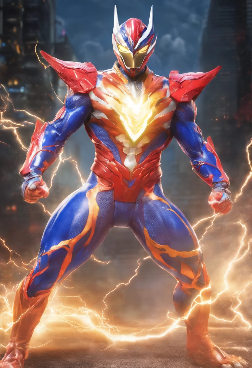 realistic 3d rendering of Ultraman zero, surrounded by lightning, big muscular, full body photography, hyperrealistic
