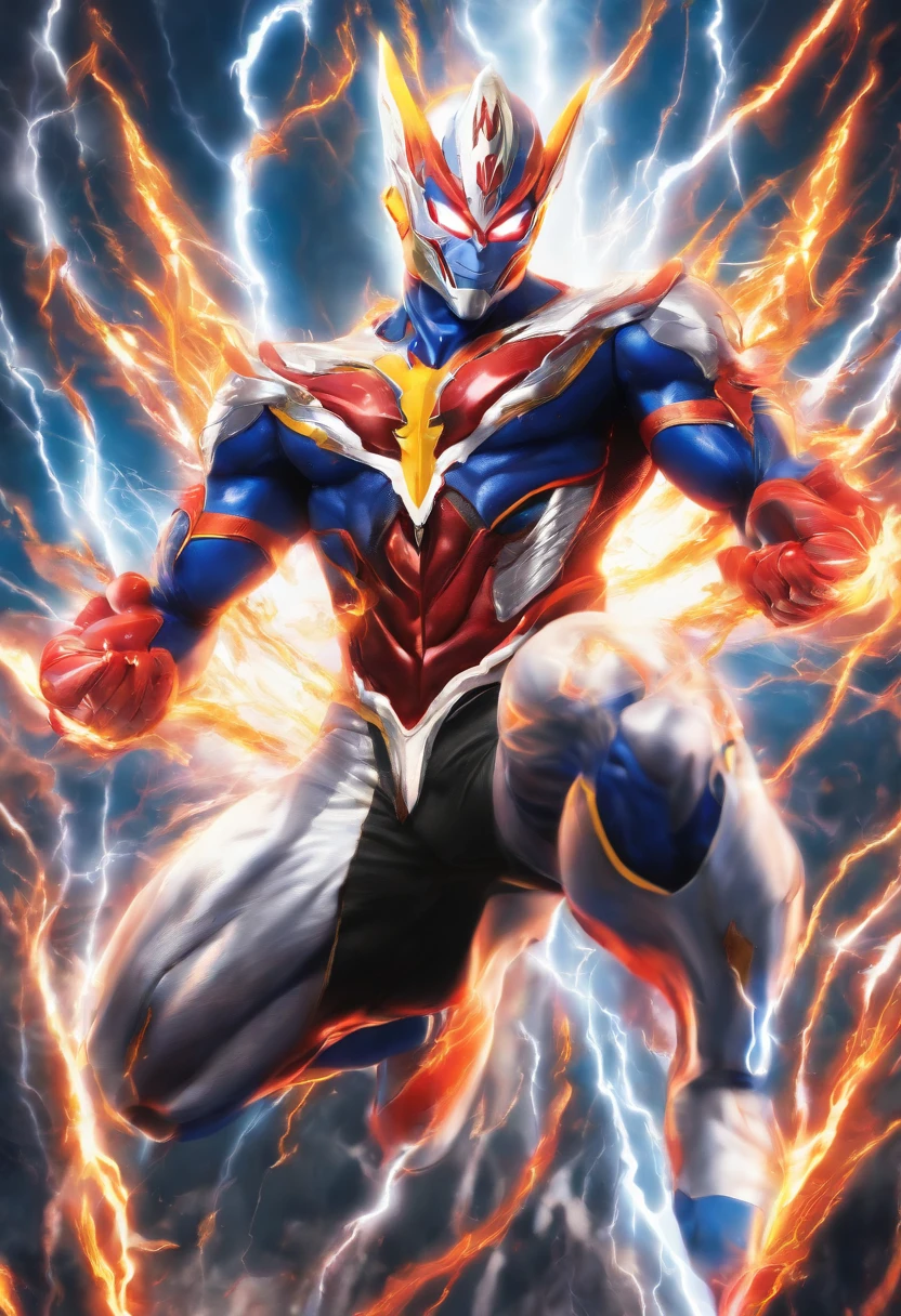 realistic 3d rendering of Ultraman zero, surrounded by lightning, big muscular, full body photography, hyperrealistic
