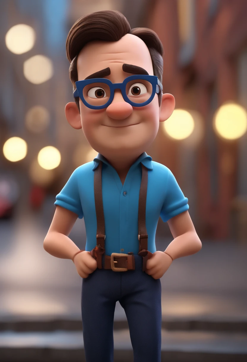 Cartoon character of a man with black glasses and a blue shirt, animation character, Caractere estilizado, animation style rendering, 3D estilizado, Arnold Maya render, 3 d render stylized, toon render keyshot, Personagem 3D, Personagem 3D, 3d rendering stylized, 3 d character render, personagem de desenho animado, Personagem de close up, Pose de personagem,  (Estilo Pixar) (master part:1.2) (Bokeh) (best quality) (pele detalhada) (textura detalhada) (8k) (argila) (Cinematic lighting) (foco nítido