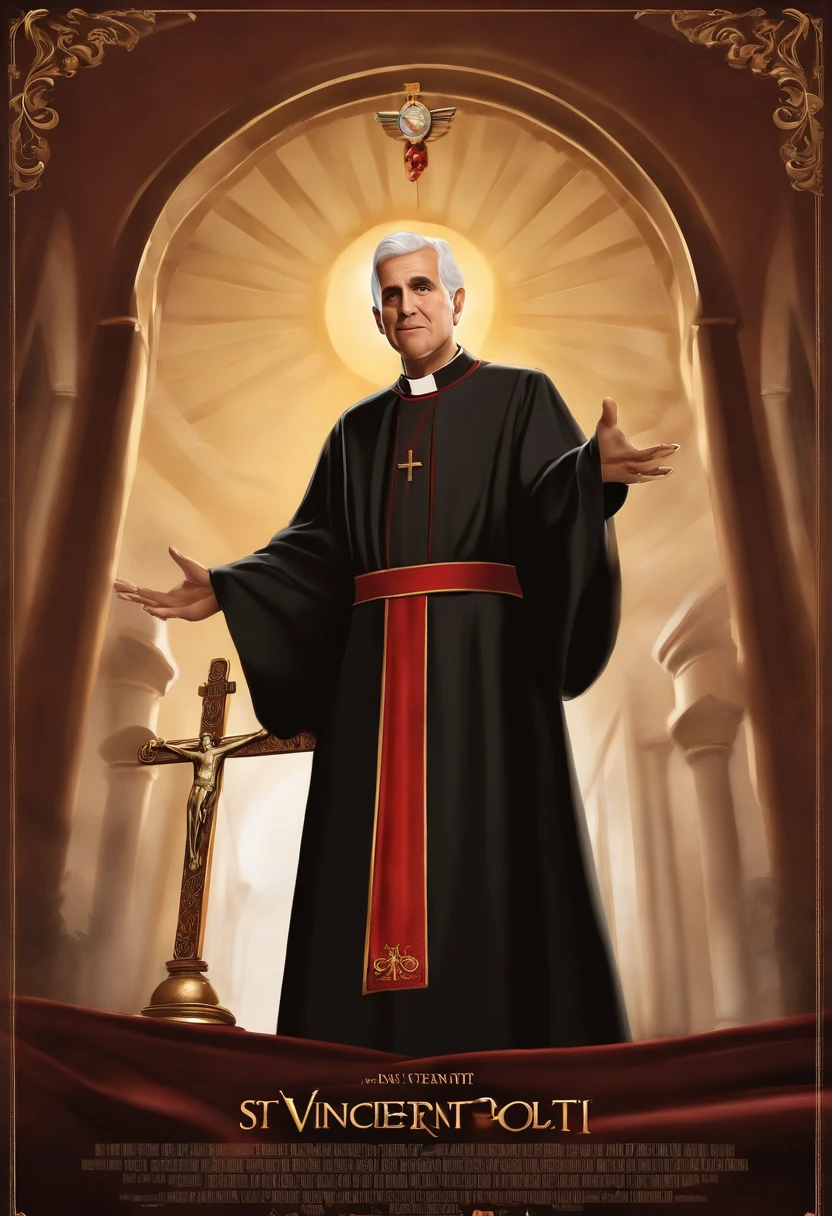 A Disney pixar-inspired movie poster with title "(St. Vincent Pallotti)". (Roman Catholic priest, saint, 55 years old, thin, short, a little stooped, has hair only on the back of his head, long and thin nose.  He dresses in a black cassock without buttons, a Roman collar with a V-neck, a mozeta at the waist and a sash at the waist.  In his right hand a crucifix which he points to with the other hand). The scene should be in the distinct digital art style of pixar, with a focus on character expressions, vibrant colors and detailed texture that are characteristic of their animations with the title "(St. Vincent Pallotti)"