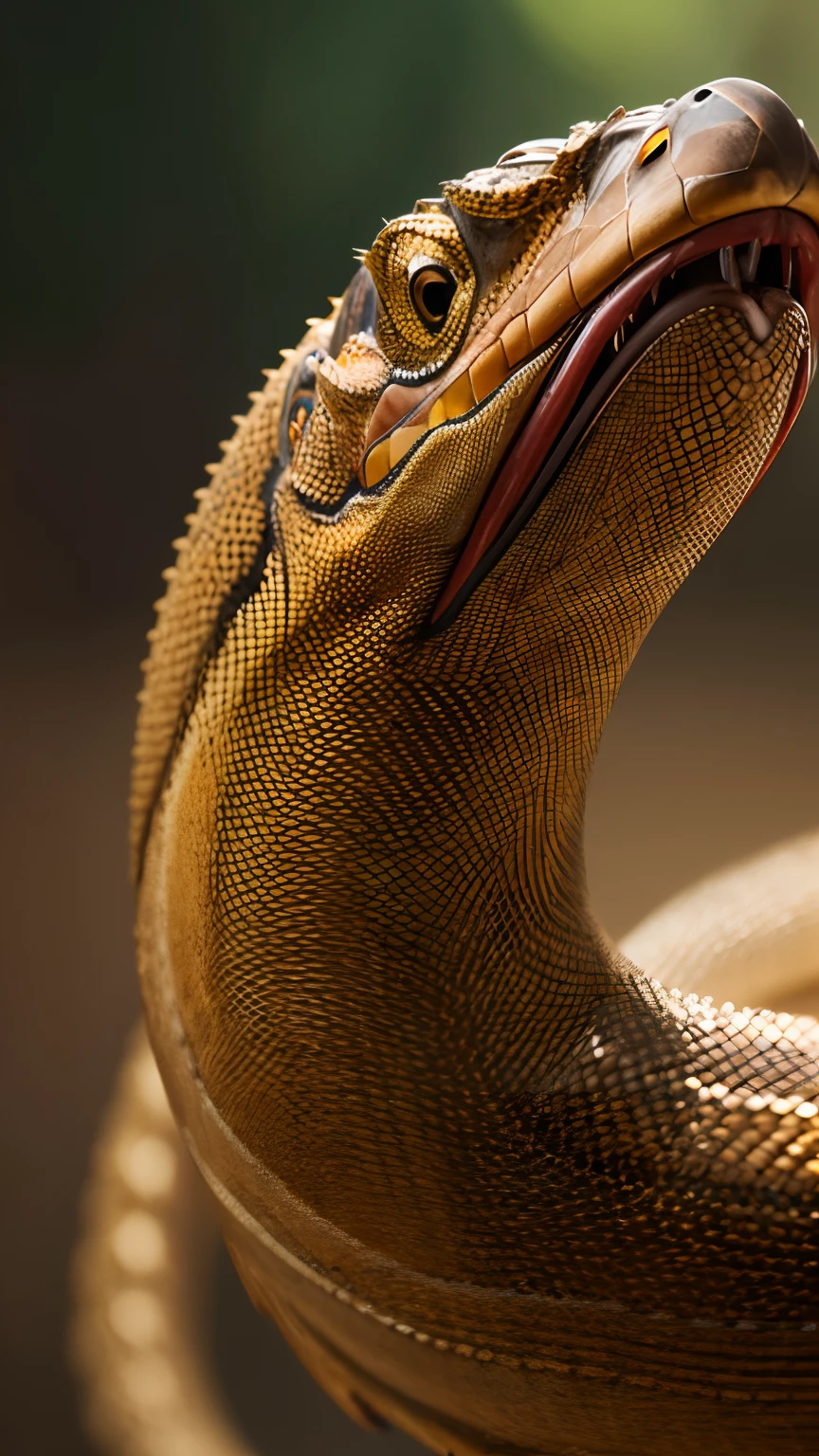 hyper maximalized objects background, meticulously detailed features of beings, a portrait of a king cobra heading tall spewing venom, intricate features of the king cobra, UHD, natural lighting cinematic effects
