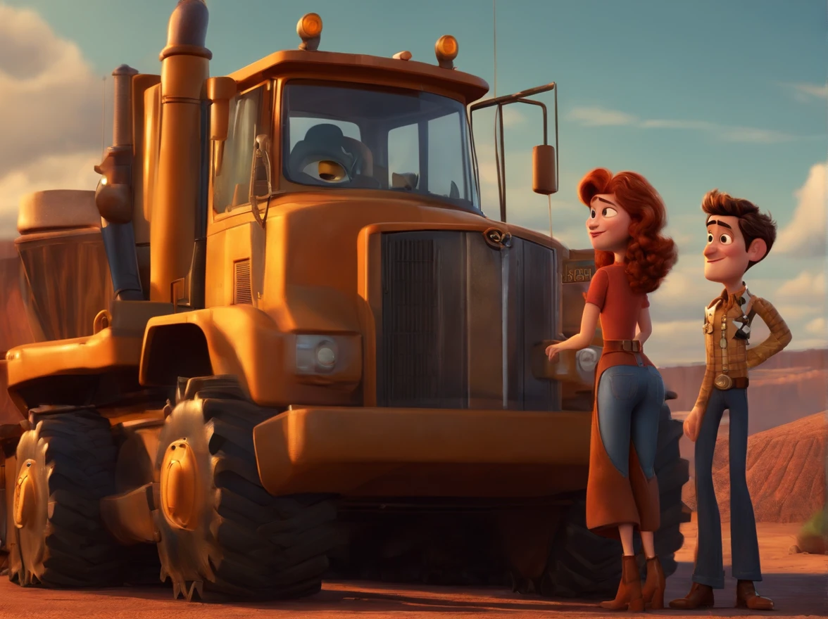 Crie personagens homem e mulher, de desenho animado, In front of heavy machinery, estilo Pixar, com alta qualidade.