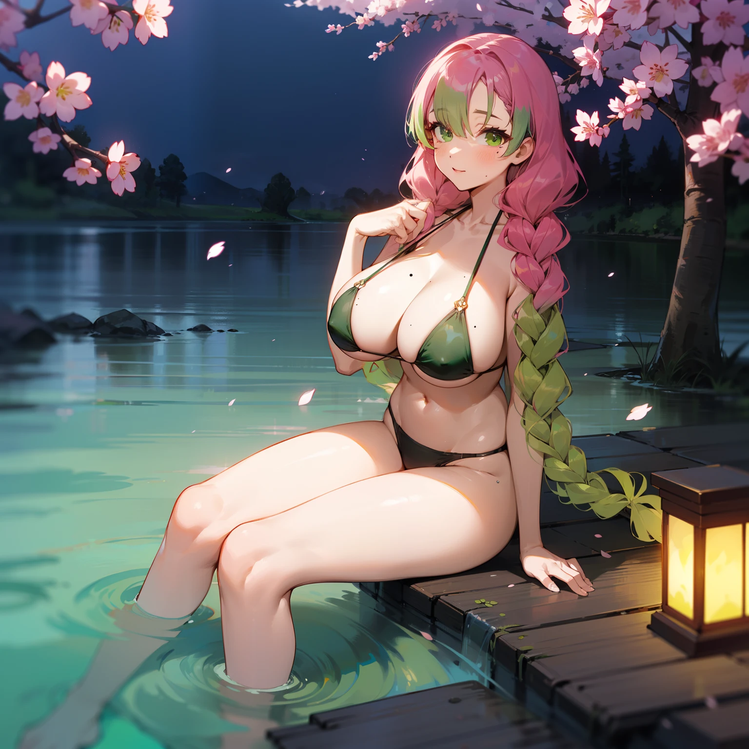 mitsurikanroji, mitsuri kanroji, braid, gradient hair, (green eyes:1.5), green hair, long hair, mole, mole under eye, multicolored hair, pink hair, twin braids, two-tone hair, In the lake next to the waterfall. the night, Fireflies. Sakura. cherry blossoms. Huge tits, sexy, bikini, full body in shot, Sits