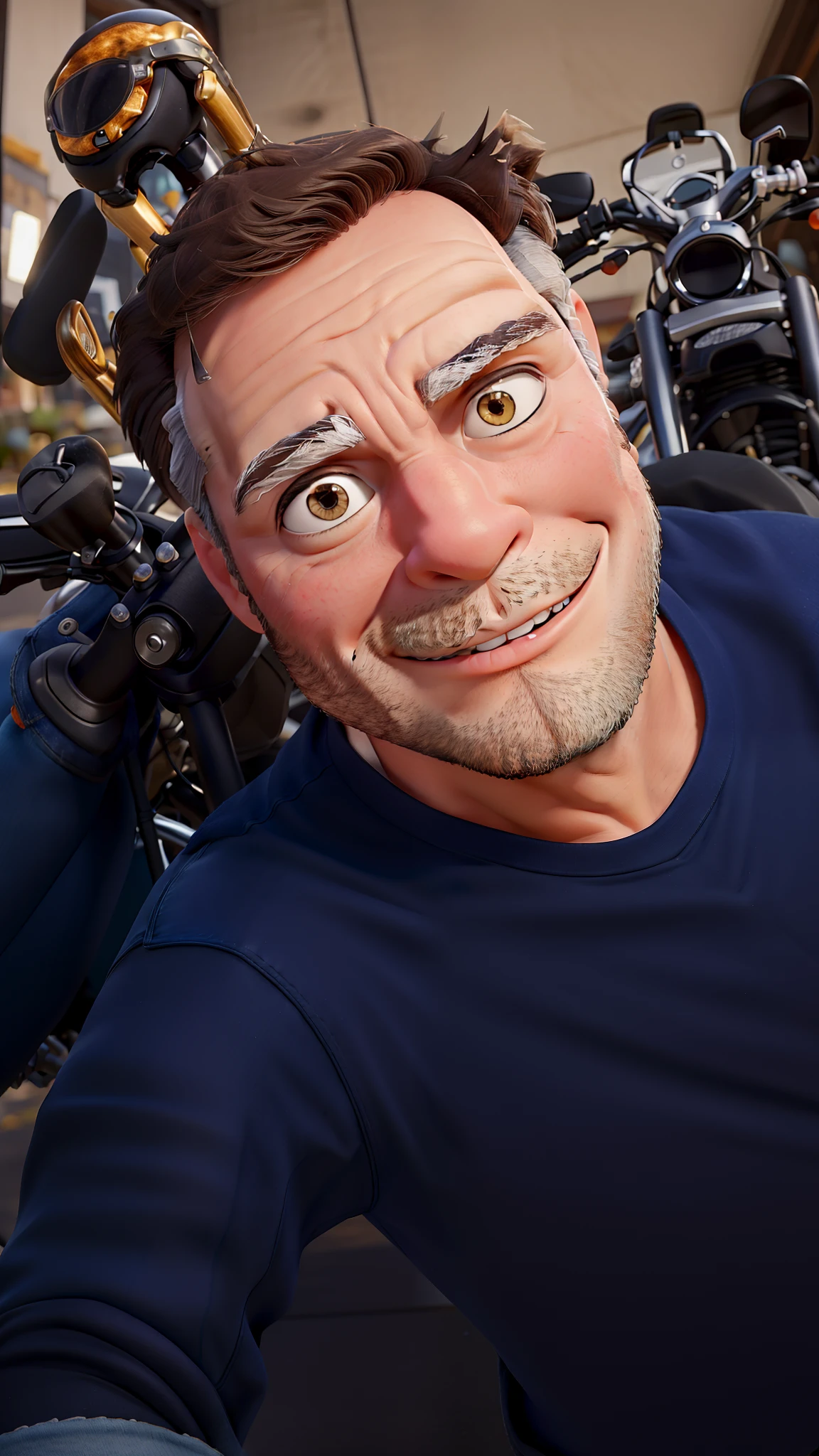 master part, best quality, um velho com barba branca e longos cabelos castanhos, vestindo uma jaqueta de couro e jeans preto, ao lado de sua motocicleta