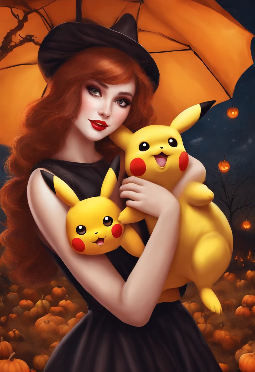 Halloween beauty hugging Pikachu to send candy