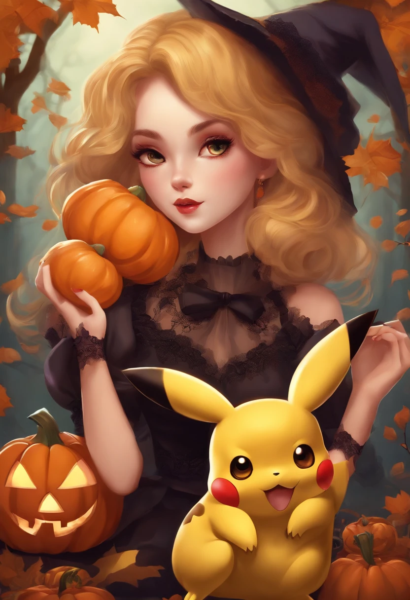 Halloween beauty hugging Pikachu to send candy