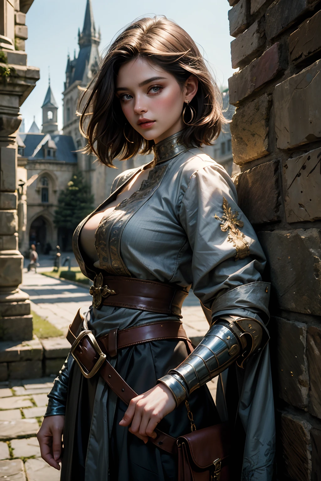 [Beautiful girl in medieval outfit, cheap ripped linen shirt and pants, oil painting, Detailed facial features, dark short hair, big breastes, castle on the background, Sun light, bright colours, dramatic  lighting, expressive eyes and lips, High Resolution, 4K quality, Photorealistic]