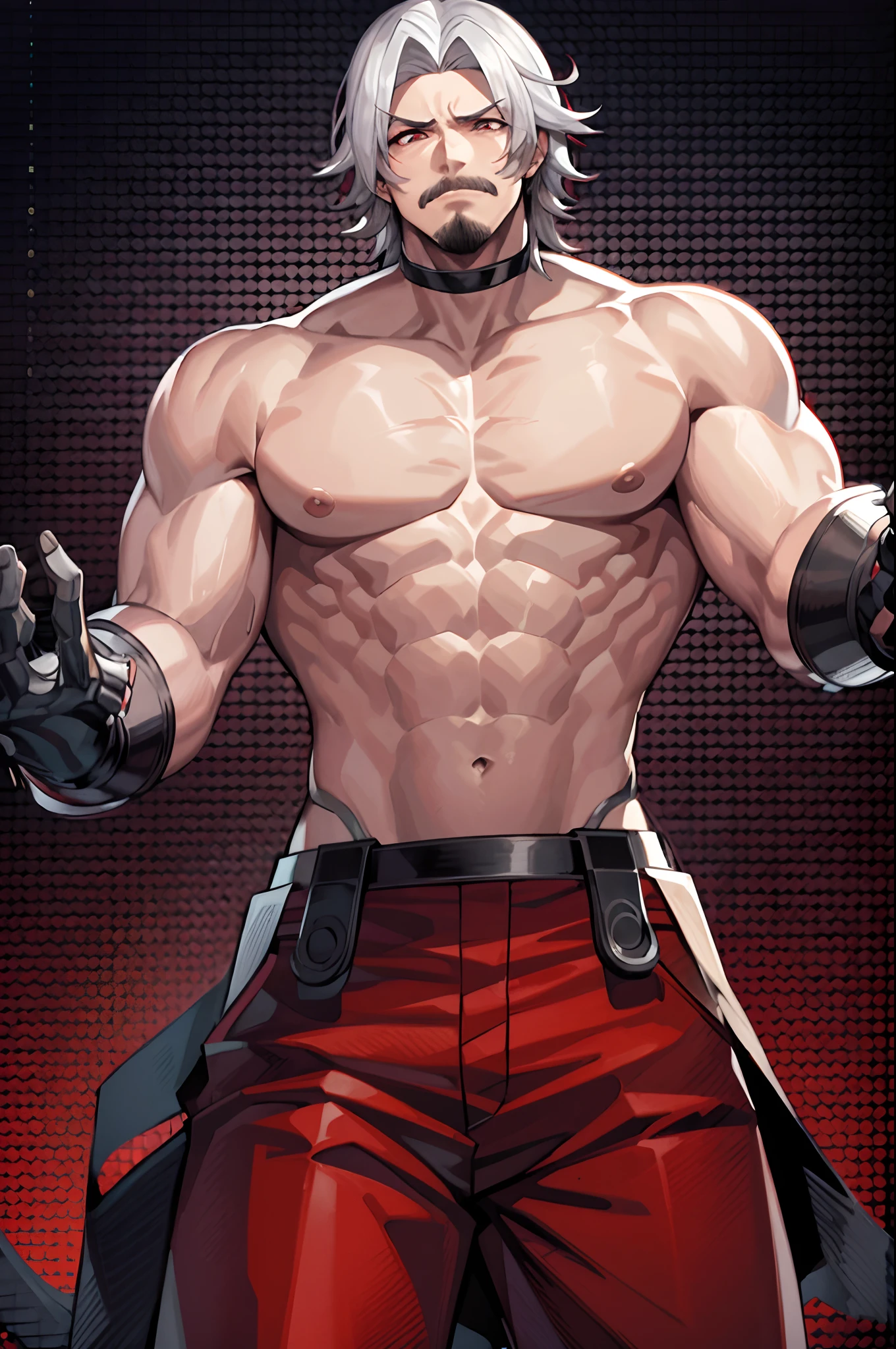 25-year-old man, alone, alone, athletic body, very muscular, manly, very short white hair, small earrings in his ears, belted necklace, white pants, red long-sleeved shirt, wears black gloves, serious look at the viewer, cinematic, ultra-sharp focus, award-winning photography, perfect contrast, high sharpness, depth of field. ultra detailed photography, global illumination, fluid, ultra high definition, 8k, Unreal Engine 5, ultra sharp focus, award winning photography, art season trends,