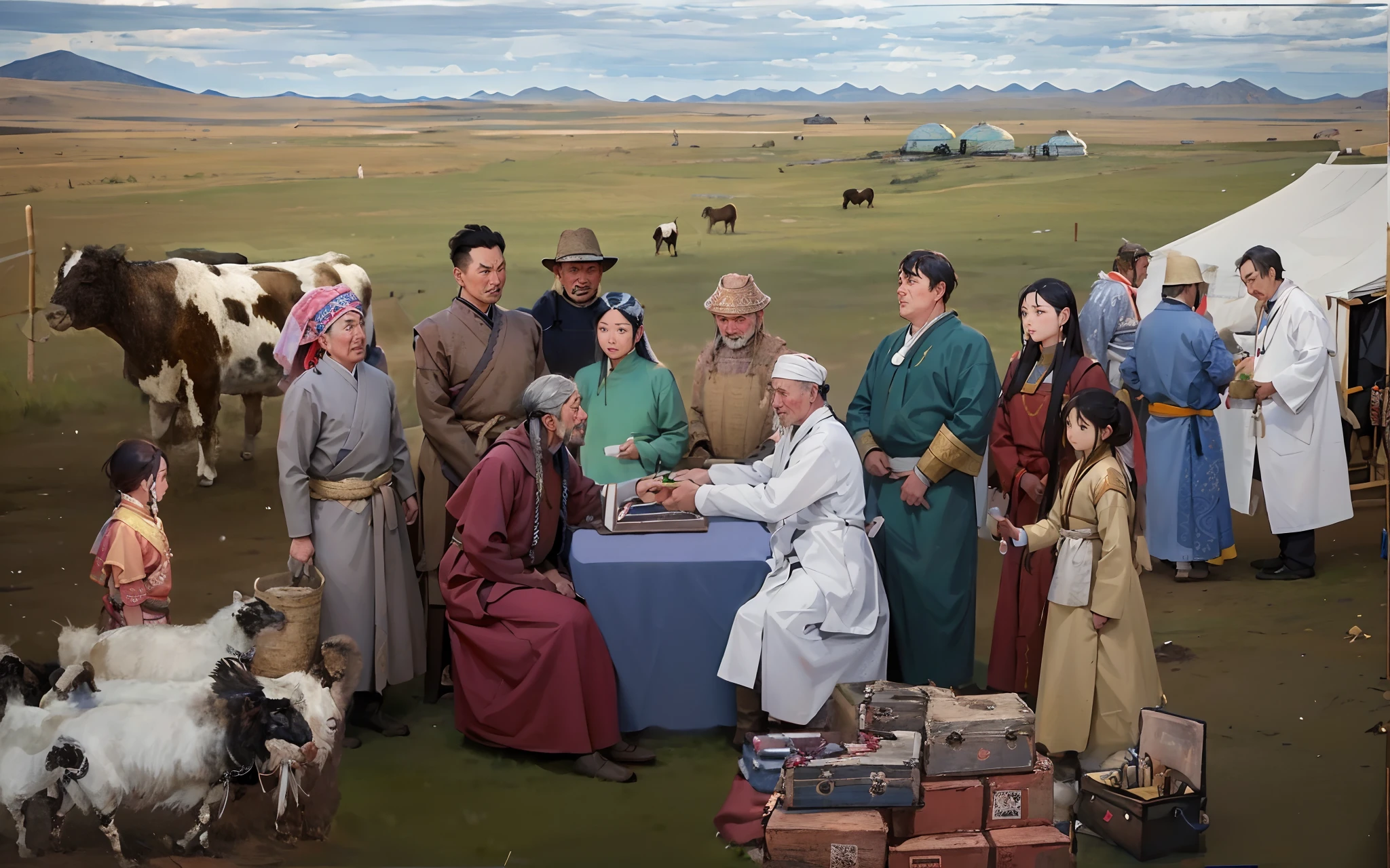 Painting of a group of people standing at a table, ancient mongolian elon musk, Mongolia, sci - fi mongolian village, In the steppe, alexander abdulov, kent monkman, sergey krasovskiy, historically accurate, mongol, yulia nevskaya, maxim sukharev, alexey egorov, wondrous