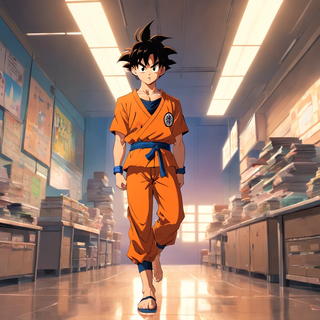 Goku Standing Pose,tiptoes，Suspended on the floor，Corpo inteiro como , Produced by Akira Toriyama White Man Standing, de barba, camiseta preta,Jenas Short Black Hair Pants,olhos castanhos,tattoos on arms, alargador na orelha esquerda