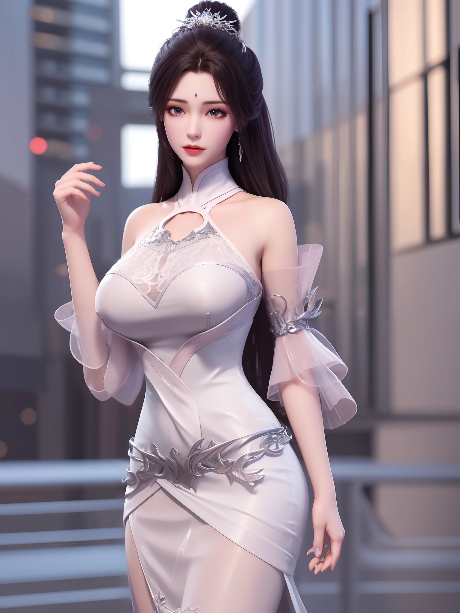 1girl, mature female,long dress, cityscape, looking at viewer, detached sleeves, hair ornament,forehead mark,cowboy shot,high ponytail, metal trim,bra,see-through, upskirt, sexy, female genital