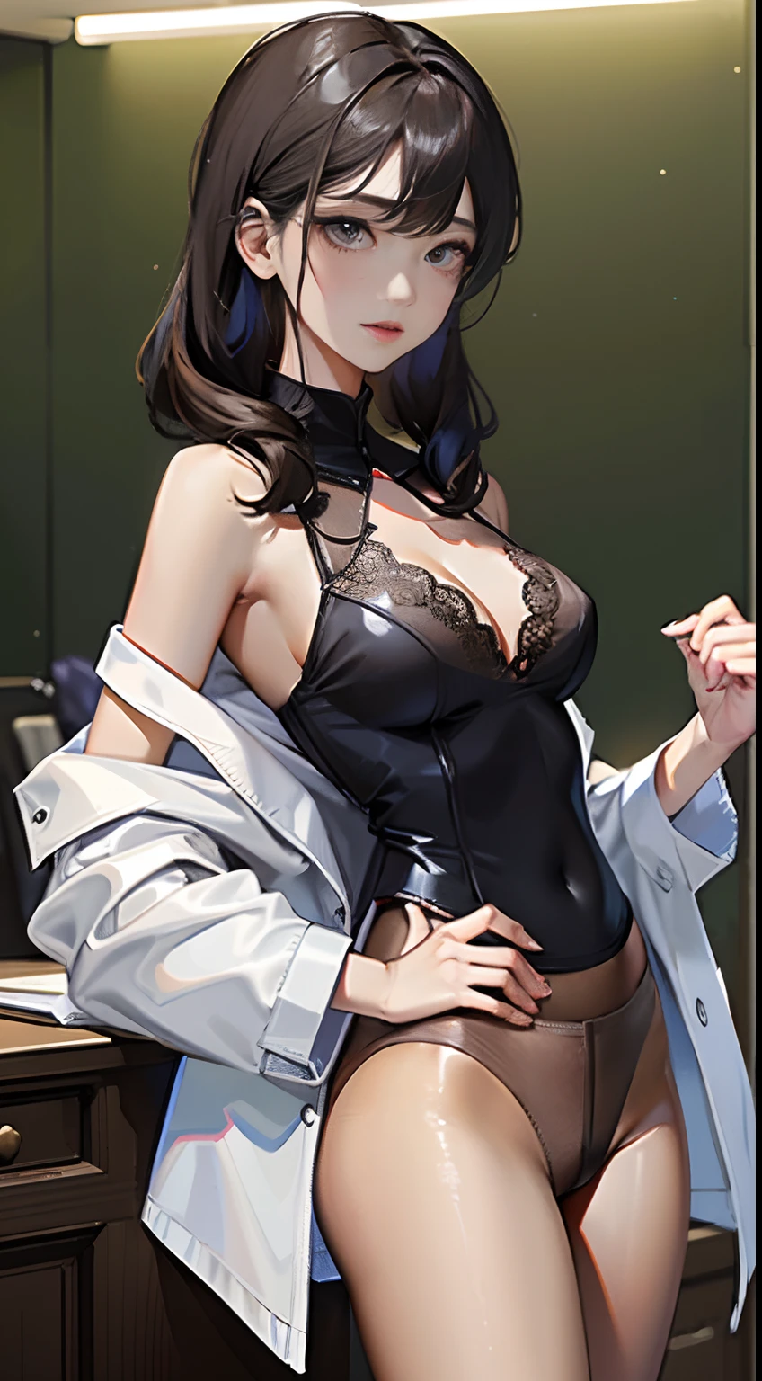 best qualtiy, Masterpiece, 超高分辨率, (Photorealsitic:1.4), Original photo, schoolgirls,Seductive looks, cropped shoulders, Pajamas lace shorts, Movie lighting, Sexy, Seductive,, Transparent, Take off your coat, There is transparent textured underwear inside, Clothes without coverings, seminude