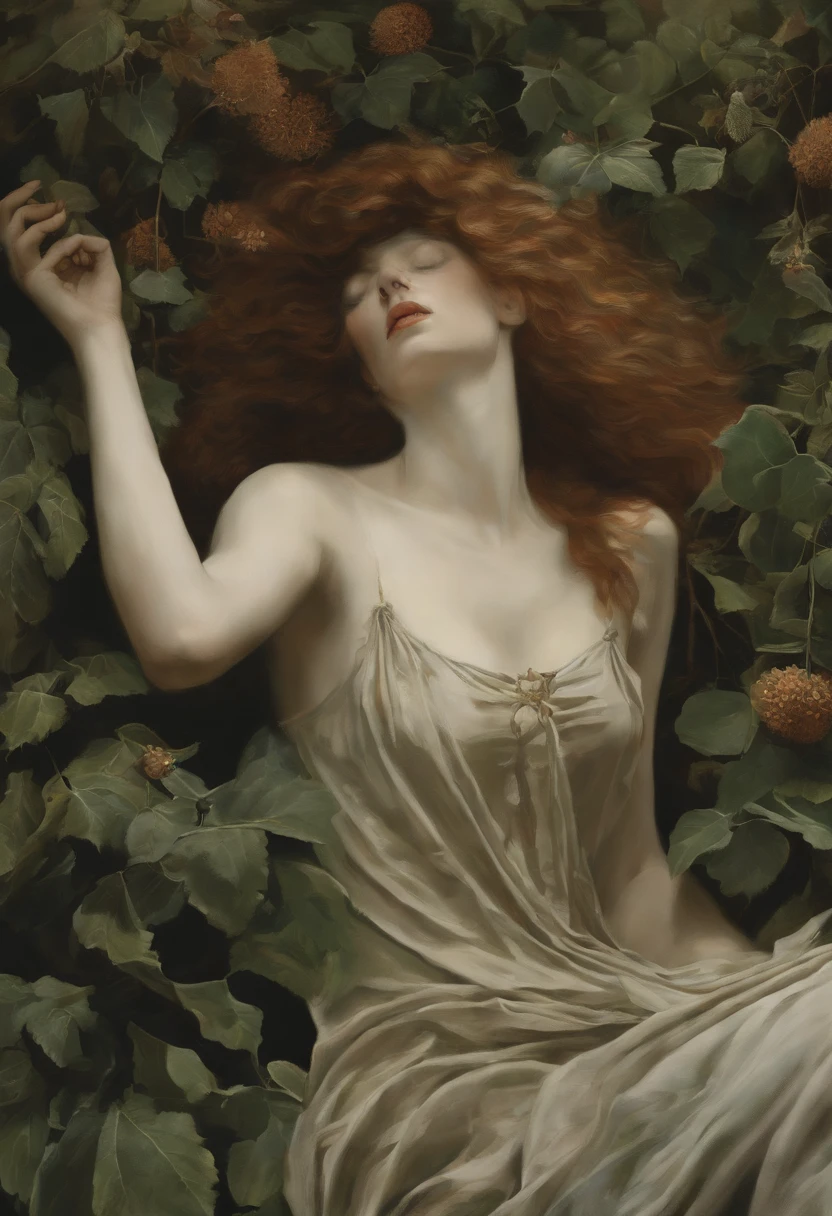 Renaissance painting of a beautiful young woman with a wasting body crawling along the ground trying to reach a glass of red wine amidst a plant-filled area on a dark night