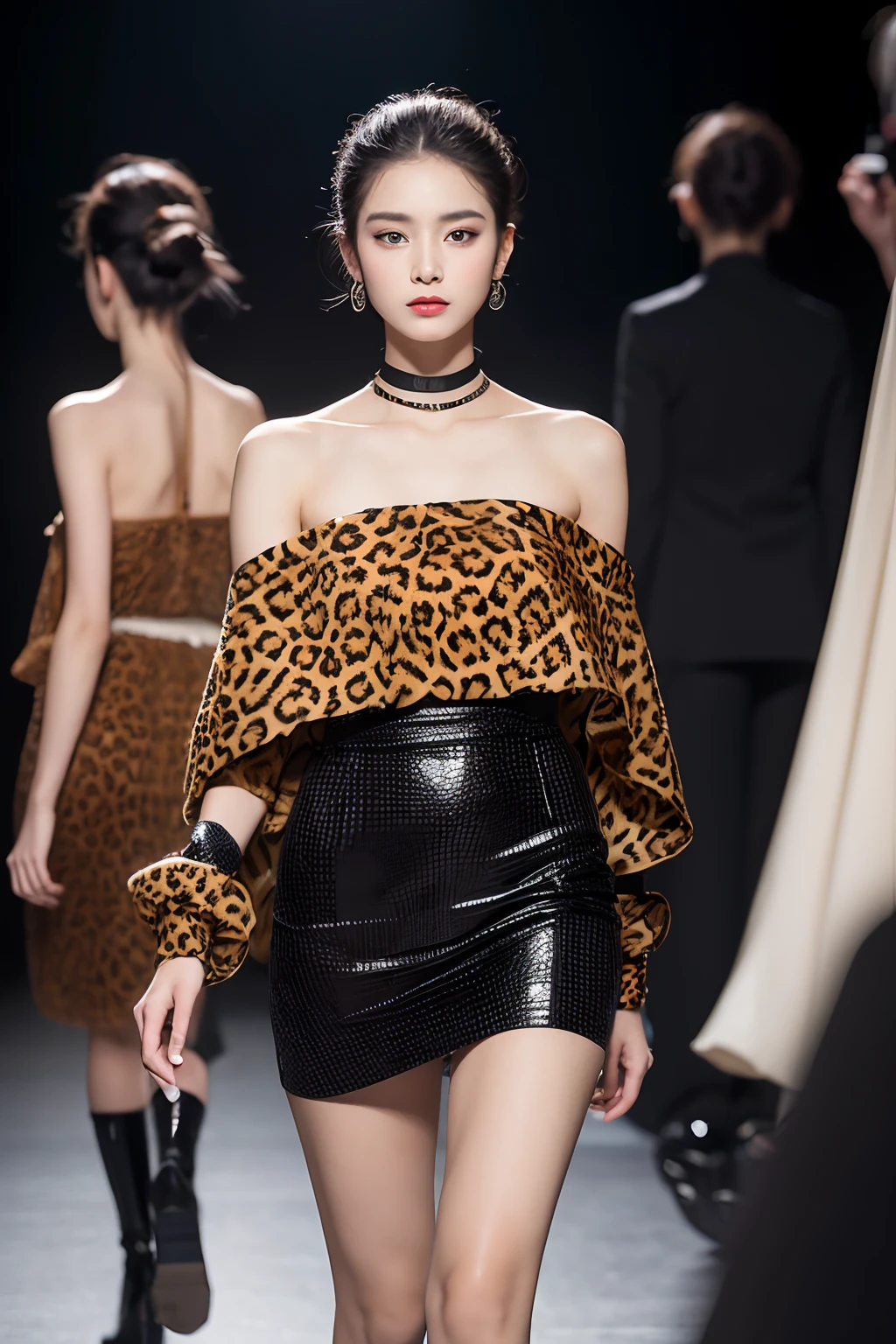 (Best quality,4K,8K,A high resolution,Masterpiece:1.2),Ultra-detailed,Realistic:1.37],（（Paris Fashion Week，Furs，Leopard print，cropped shoulders）），Dynamic capture,high-definition photography,running track,backstage,Glamorous makeup,tempting pose,Wheat complexion，Flawless complexion,Catwalk,Professional lighting,Vibrant colors,Trendy series,,Trend-setting style,Stunning visuals,Impeccable fashion，Fashion-forward,Exquisite accessories,Profesional photogarpher,Famous designer,fashion hair,Amazing performance,Photogenic