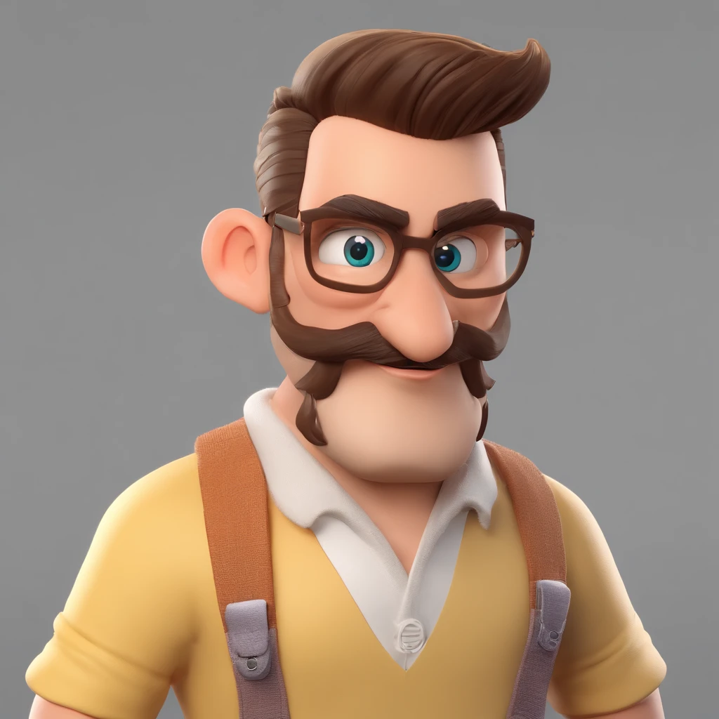 Criar um personagem no estilo Pixar. Trata-se de um homem de 30 anos, com barba, Branco, com cabelos castanhos curtos e um quiff, e olhos castanhos. Ele deve estar na frente de um computador, Trabalhar como designer
