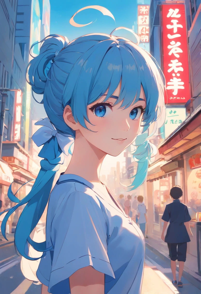 whaite hair,Double ponytail curls,blue colored eyes,White ta,Beth,Busy city streets,Take a Coke,ssmile