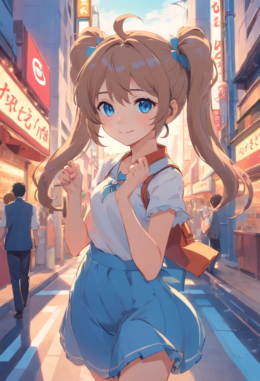 whaite hair，Double ponytail curls，blue colored eyes，White Lolita，Beth，Busy city streets，Take a Coke，ssmile