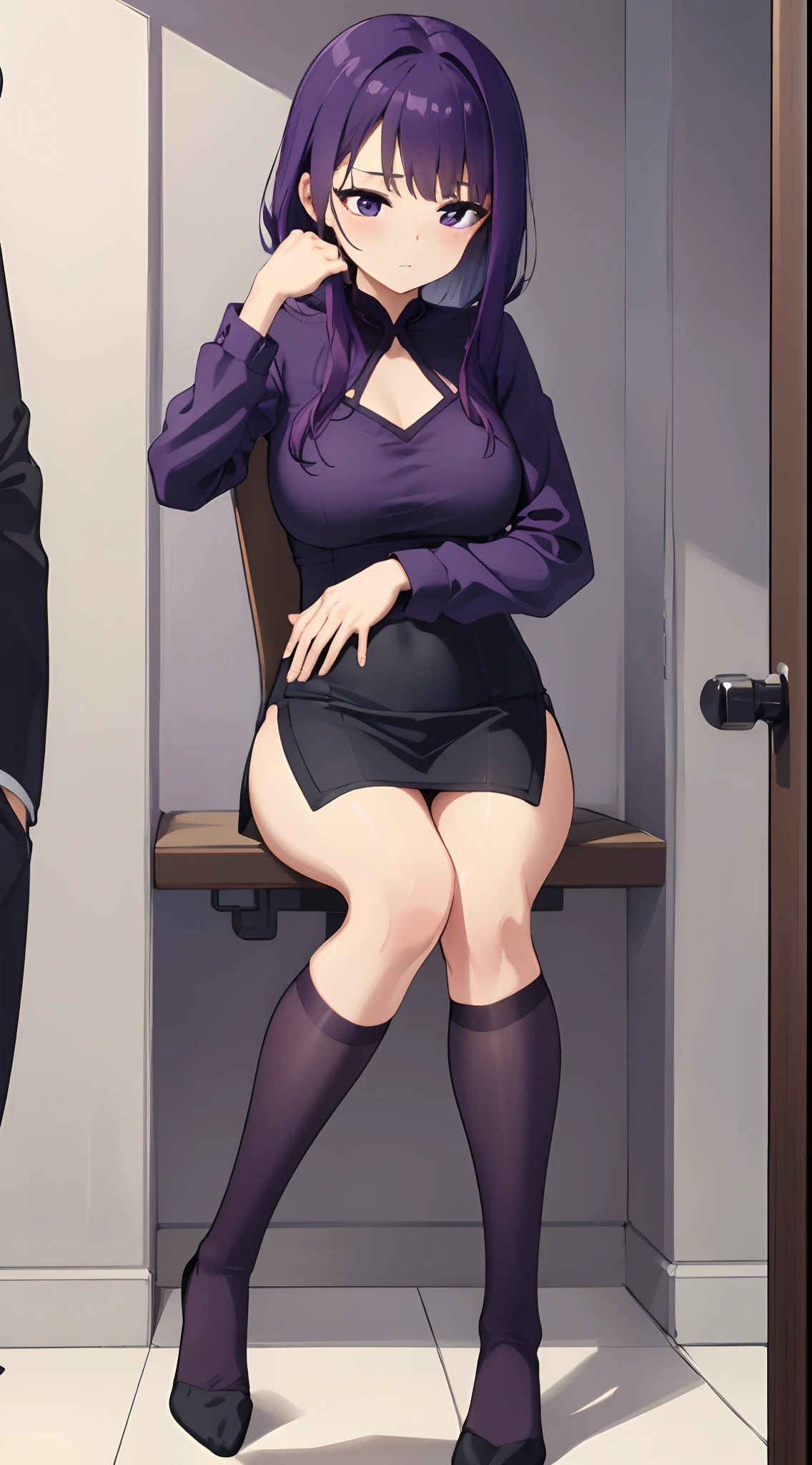 ((Best Quality, 8K, Masterpiece: 1.3)), mature and charming woman,Purple hair,Come out of the bathroom,foot,Underwear,