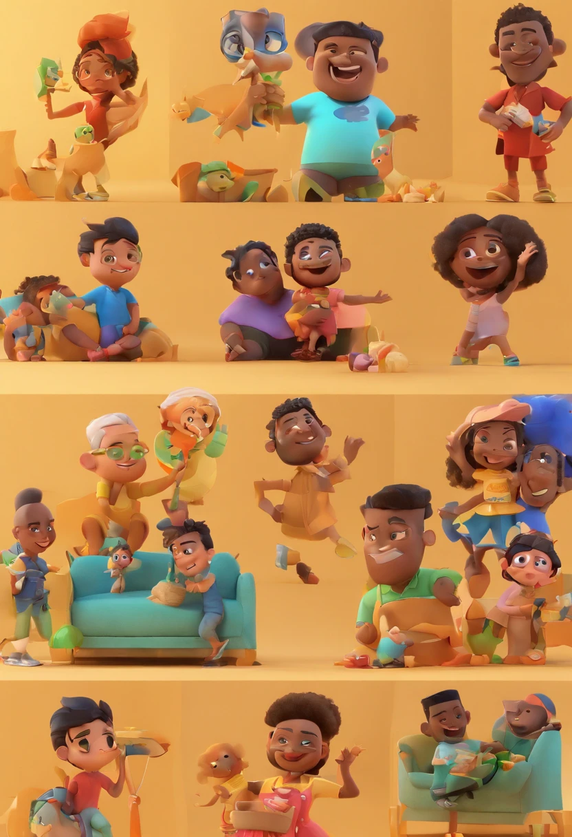 Estilo Pixar: Familia negros, Mae e pai e 3 mulheres e 1 homem