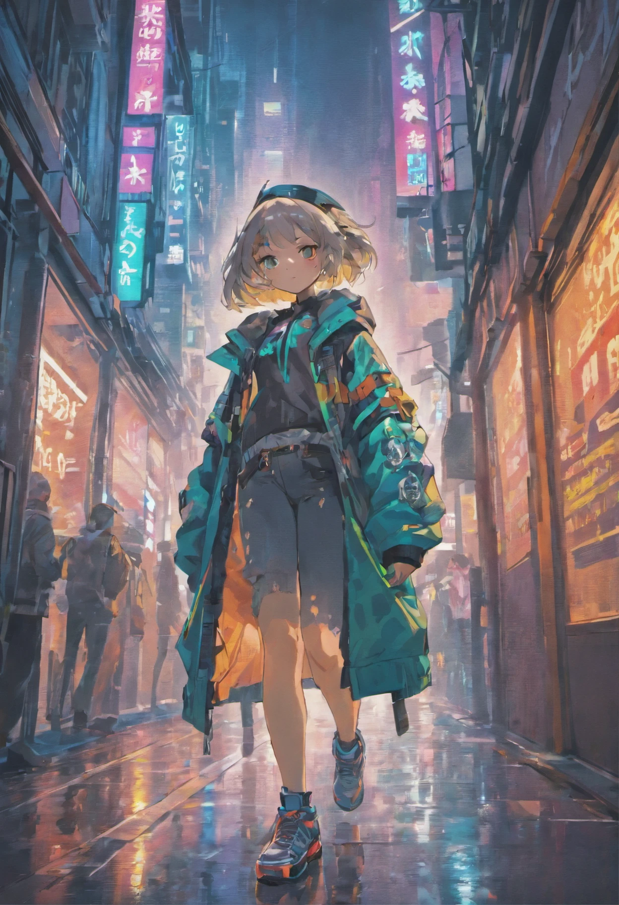 (best quality,4k,8k,highres,masterpiece:1.2),ultra-detailed,(realistic,photorealistic,photo-realistic:1.37),cyberpunk,portrait,girl in a cyber city,neon lights,dystopian future,night scenery,glowing signs,reflective surfaces,dynamic composition,powerful contrast,gritty atmosphere,hooded jacket,punk fashion,digital enhancements,vibrant colors,futuristic skyscrapers,hovering vehicles,advanced technology,high-tech gadgets,futuristic metropolitan,industrial structures,urban decay,smoke and fog,rainy streets,lens flares,moving crowds,tranquil expression,sharp features,intense gaze,holographic displays,intricate tattoos,ear piercing,graffiti-covered walls,street art,hidden alleys,secret shortcuts,abandoned warehouses,mysterious shadows,fast-paced motion,long exposure shots,city as a reflection of the protagonist's character.
