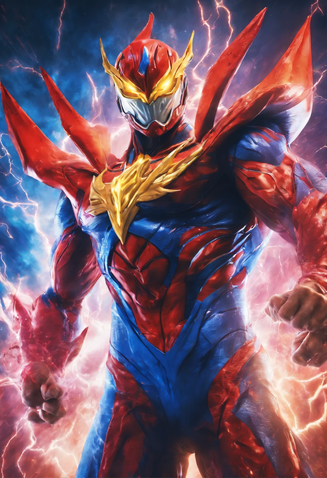 realistic 3d rendering of Ultraman zero, surrounded by lightning, big muscular, full body photography, hyperrealistic