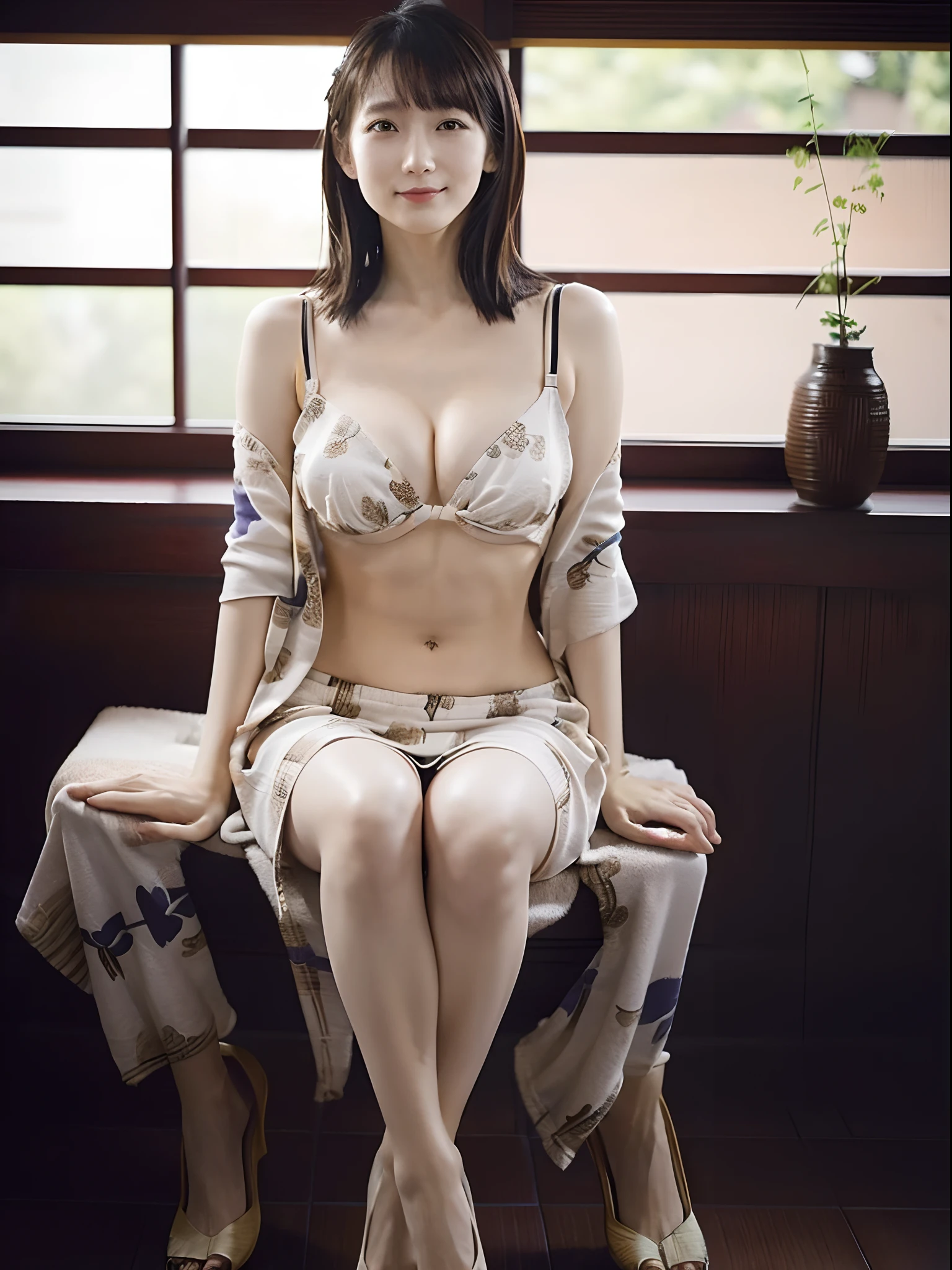 (8k、RAW Photos、top-quality、masterpiece:1.2)、(realisitic、Photorealsitic:1.37)、1人、japanes、25-years old、femele、(deep in the night)、Moon Night、a room、cityscape visible from window、High-key lighting、Studio Lighting、face lights、photon maping、Radio City、(full bodyesbian)、(fullnude)、Dark brown hair、详细的脸、Detailed lips、detailedeyes、More skin、二重まぶた、(huge tit:1.3)、(kimono、jpn)、(Kimono with Japanese pattern)、(Wearing a kimono)、(((no brassiere)))、(((no panty)))、Exposed cleavage、exposed shoulder、Thigh exposure、(cammel toe)、perfectbody、shinny skin、smirking face、((Sit with your legs open))、cowboy shot、Make eye contact with the camera