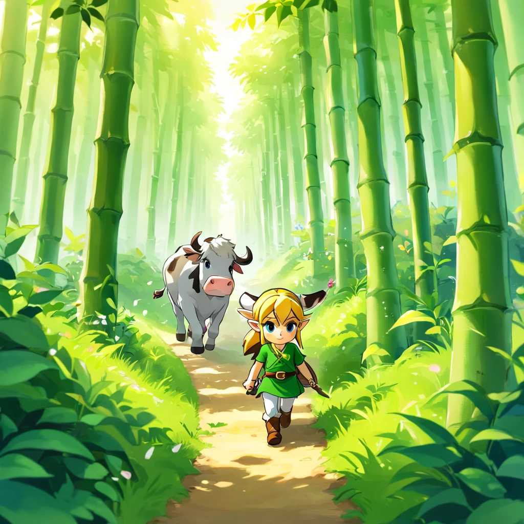 The  boy set off with the cow，They walked through patches of verdant bamboo forests，Climbed over one steep hill after another，Find sparkling gems in ancient forests