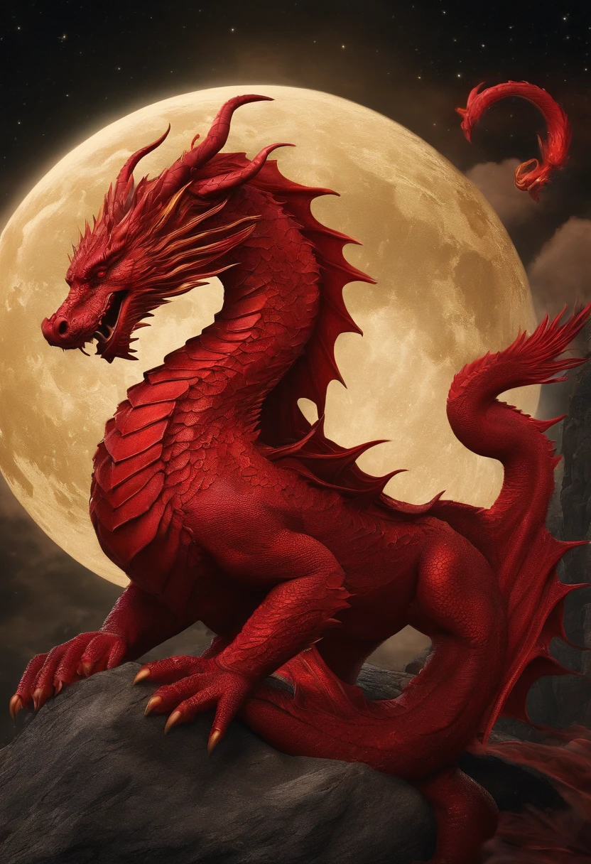 The red dragon god is around the golden moon