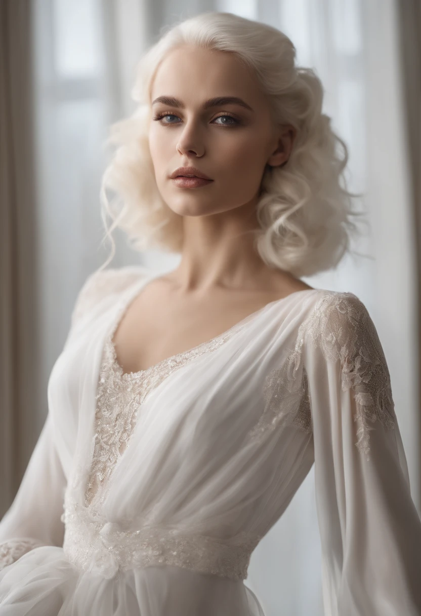 master part, best quality, ((fundo branco puro)), Standing, cara albino magro, cabelos brancos, white lashes, Sobrancelhas brancas, cara fria, pele clara, camiseta preta, sad face expression, Efeito de Luz, macio, super claro, high-definition picture, (frente)