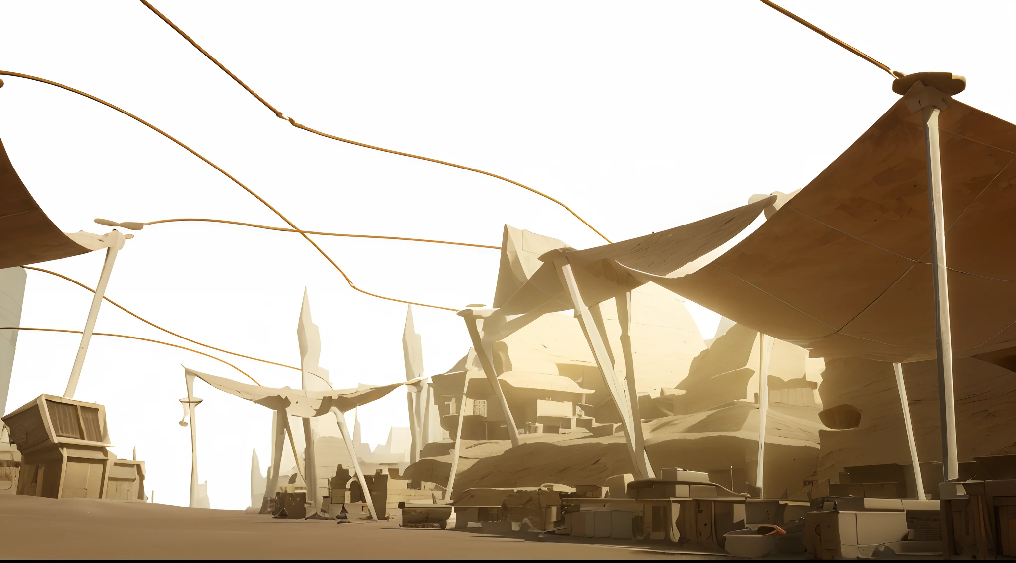 there are many chairs and tables in a room with a yellow sky, stylized as a 3d render, desert city, solarpunk cantine, rendered in pov - ray, 3 d render stylized, stylized 3d render, raytraced render, solarpunk village, sunrise over solarpunk city, in a futuristic desert palace, merchant tents