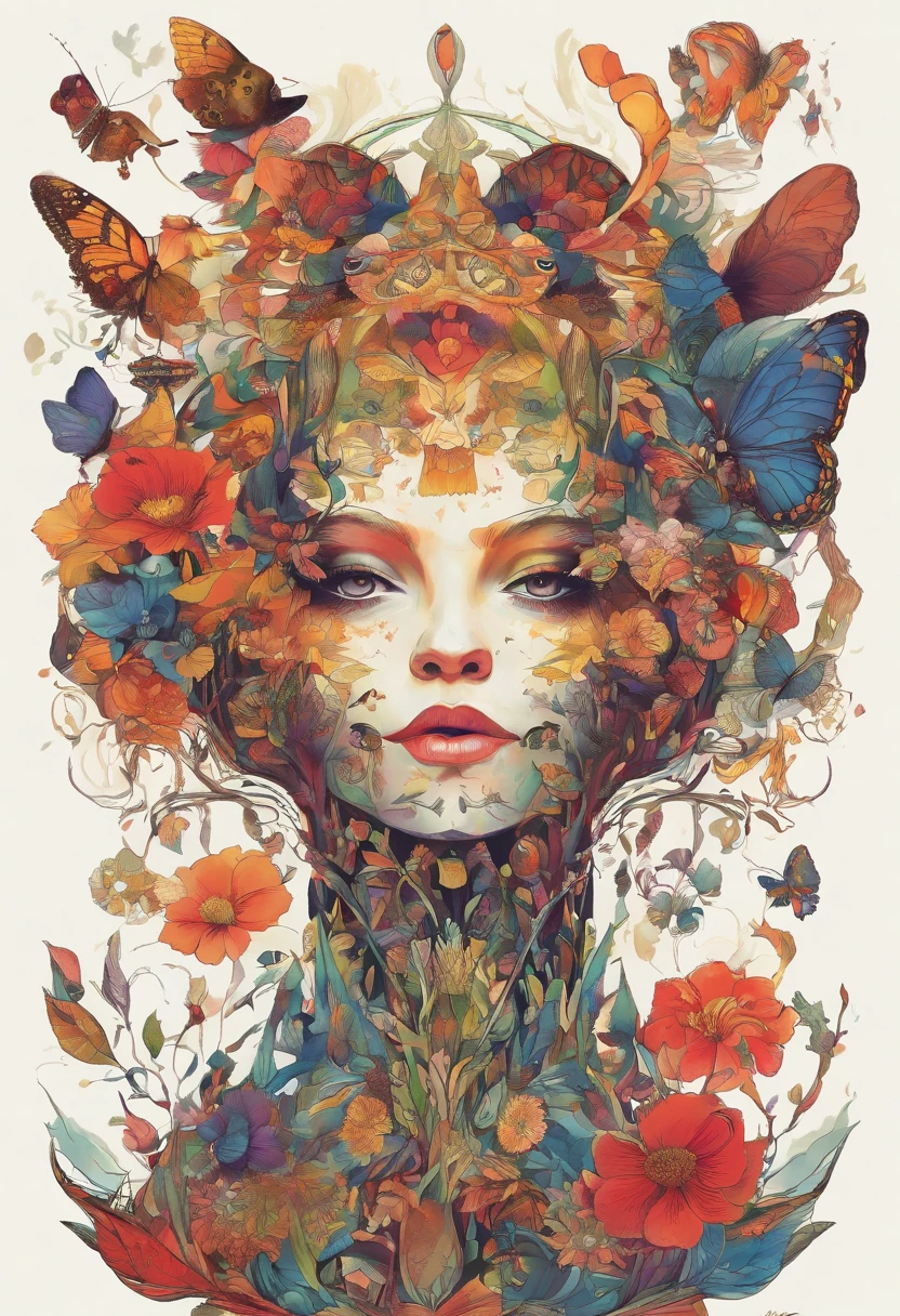 Colored lead paintingSimple ink painting,Flowing ink,Blooming:Inspired by Marco Mazzoni,Profile portrait - head up,bird、Butterfly、Plants and flowers。Black and red theme。White background
