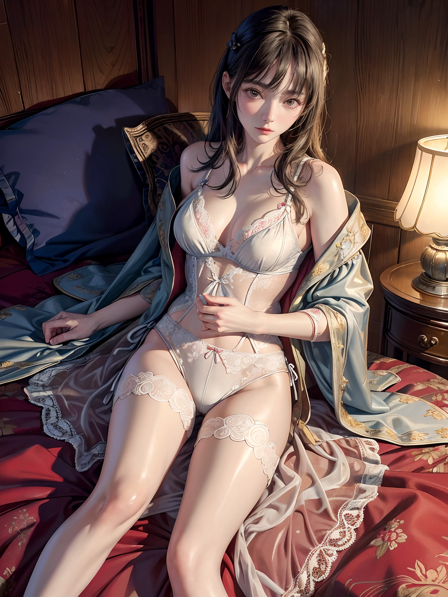 Best quality, Masterpiece, 超高分辨率, (Realistic:1.4), Original photo, 1 32-year-old woman , Goddess, Bare shoulders, Pajamas lace shorts, Movie lighting, Sexy, Seductive, thongs, Transparent, Take off your coat, There is transparent textured underwear inside, Clothes without coverings, Semi-
