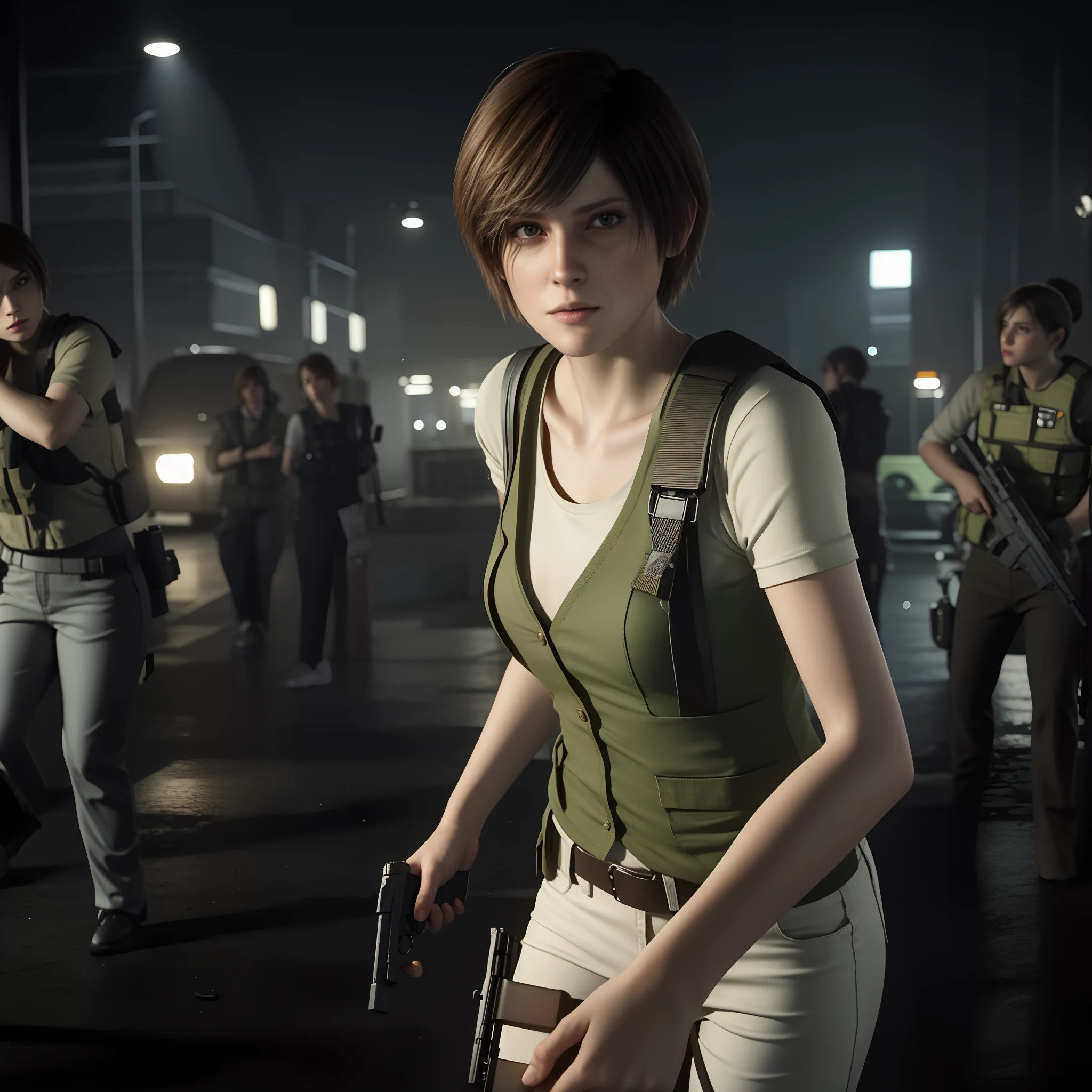 beautiful face, shy, looking at viewer, short bob brown hair, perfect face, Rebecca chamber from resident evil, white jeans, green vest Long-sleeved, friendly face, glare, holding a gun