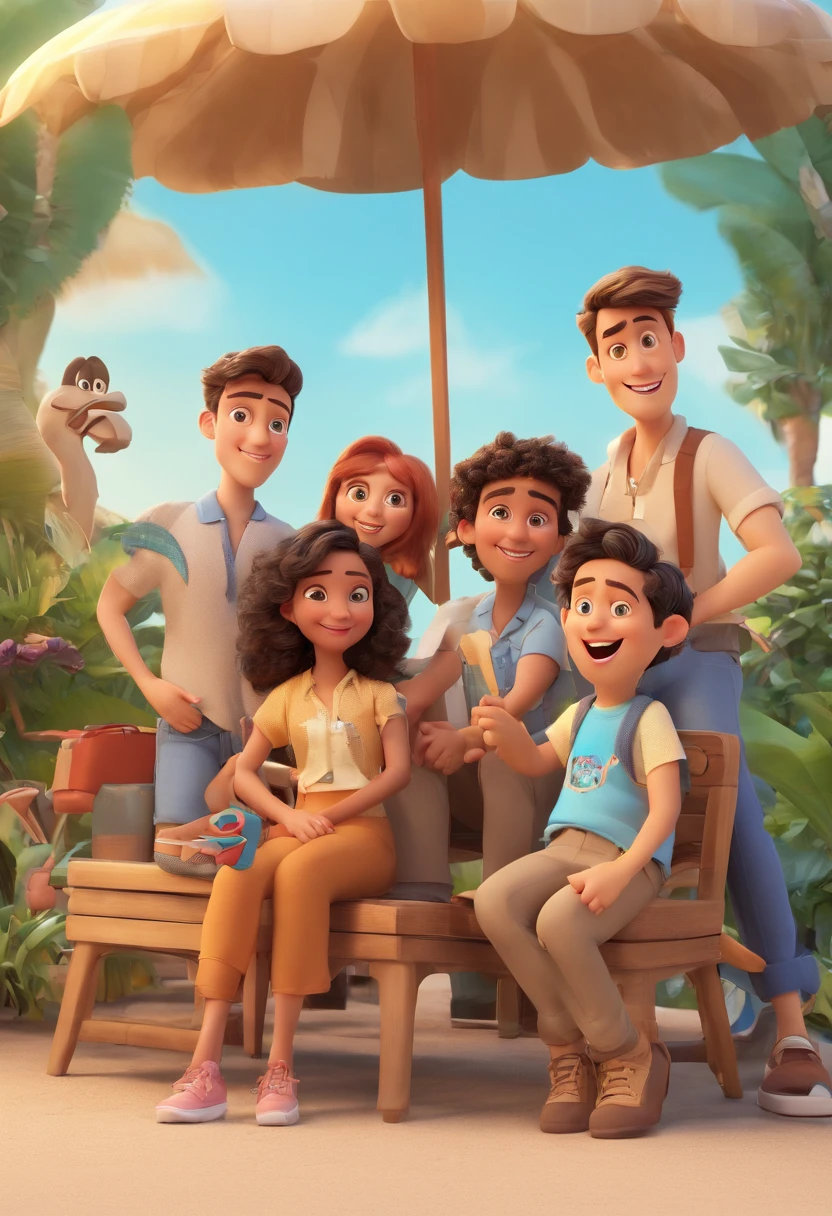 Cartoon of friends having fun on vacation together,  3D Animation Movie Poster, Poster de filme animado, pixar 3 d animation style, pixar renderman rendering, maia 8 mil, animated film, Disney Pixar Estilo 3D, amigos felizes saem juntos, all wearing light blue shirts and cream brown long pants, camisa azul clara, cream brown pants, ao ar livre, vacation, Disney Pixar Animation Poster