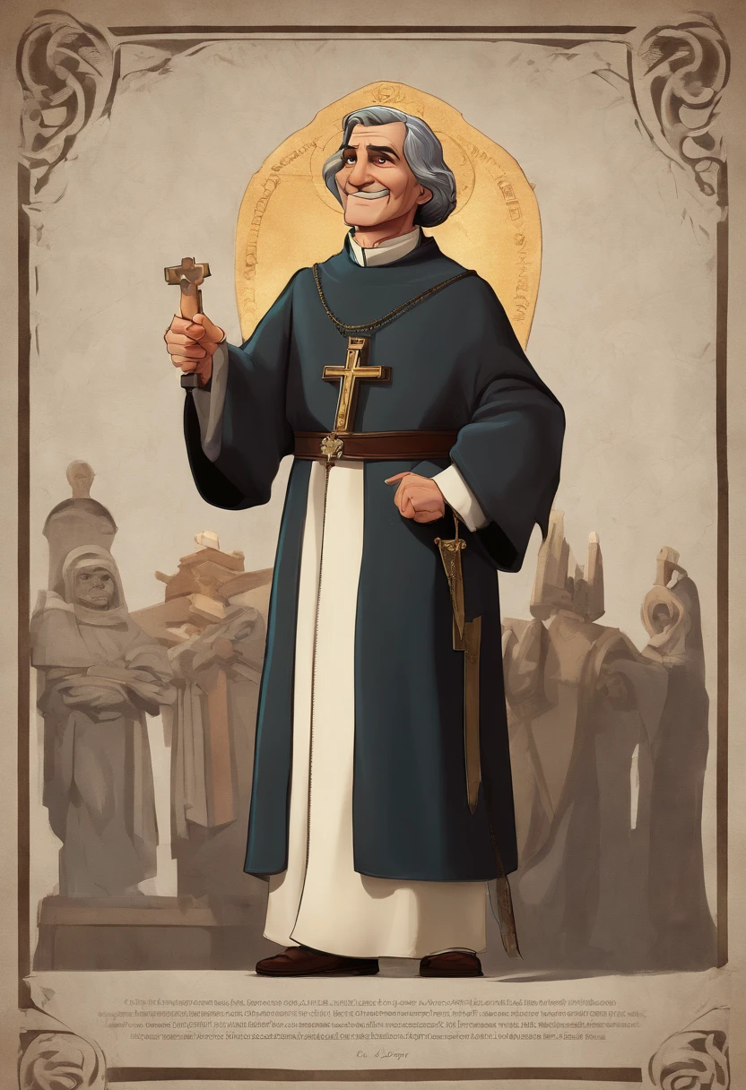 A Disney pixar-inspired movie poster with title "(St. Vincent Pallotti)". (Roman Catholic priest, saint, 55 years old, thin, short, a little stooped, has hair only on the back of his head, long and thin nose. He dresses in a black cassock without buttons, a Roman collar with a V-neck, a mozeta at the waist and a sash at the waist. In his right hand a crucifix which he points to with the other hand). The scene should be in the distinct digital art style of pixar, with a focus on character expressions, vibrant colors and detailed texture that are characteristic of their animations with the title "(St. Vincent Pallotti)"