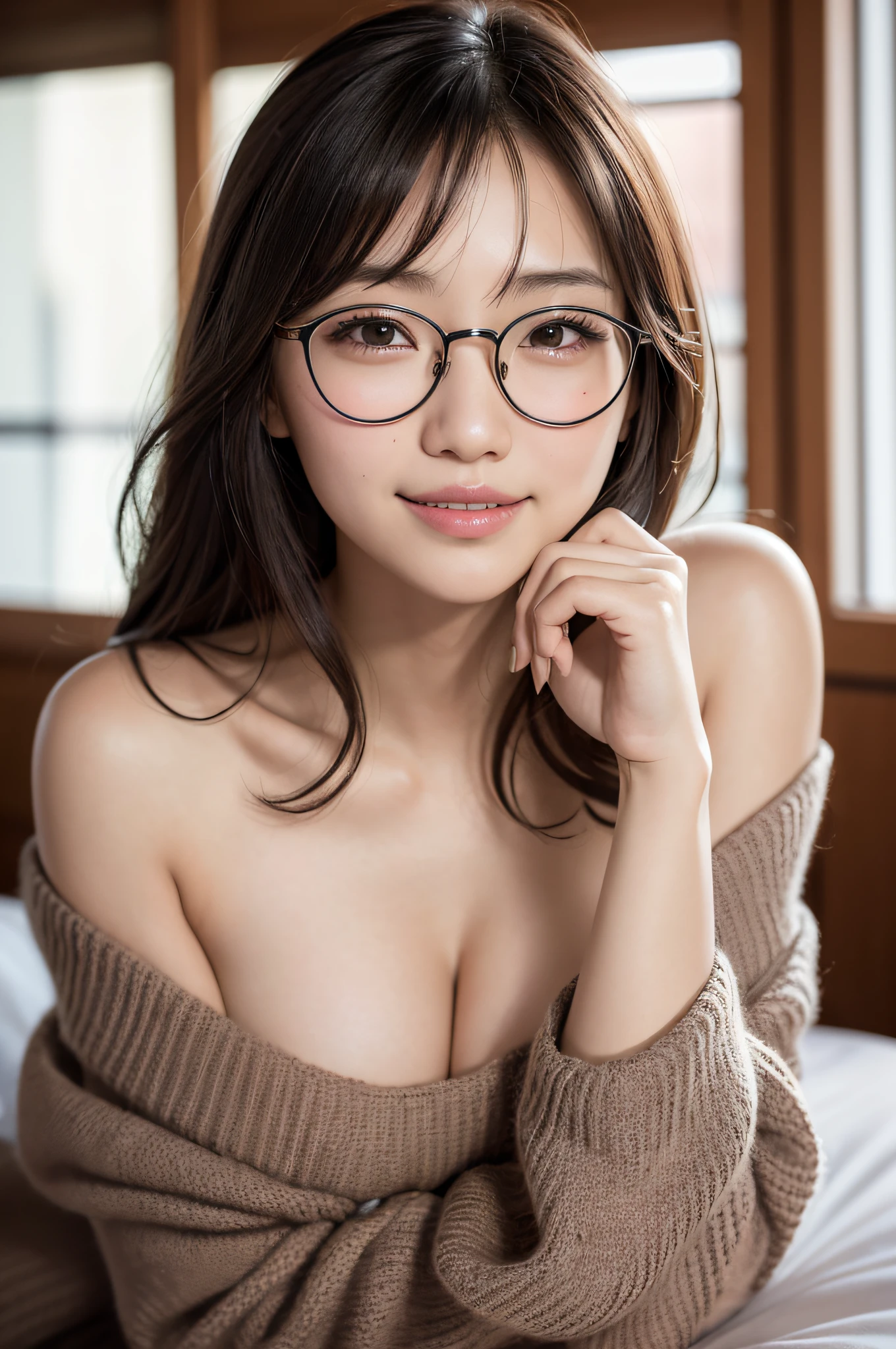 ((japanaese girl)), 8K, Raw photo, Best Quality, ultra-detailliert, Ultra High Resolution, Realistic, photographrealistic, high-definition RAW color photography, professional photograpy, Extremely detailed, 8K Wallpaper, amazing, finely detail, Huge file size, extra detailed face, extremely detailed eye, highlydetailed skin, extremely detailed fingers, highly detailed nose, highly detail mouth, Perfect Anatomy, Highly detailed background, Realistic body, Good figure, blown hair, (Medium Hair), Cute face, Photography, (Happy smile), Perfect Skin, Perfect Anatomy, Large breasts, (Round glasses), (Off-the-shoulder knit), (Mole), ((atami)), high-angle shot, swept bangs, Full body shot,