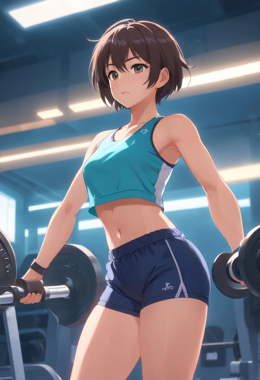 femele in her 20s asian human short-haired Thin macho traning trainingwear small tight shorts training gym is standing Dumbell big breast crop top