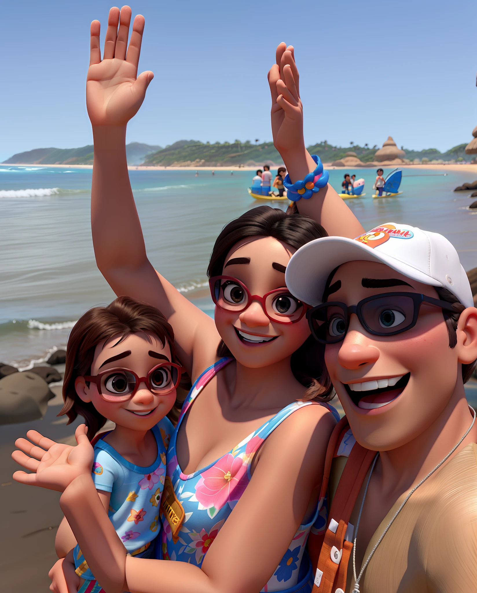 uma familia disney pixar, na praia, wearing sunglass, alta qualidade, melhor qualidade