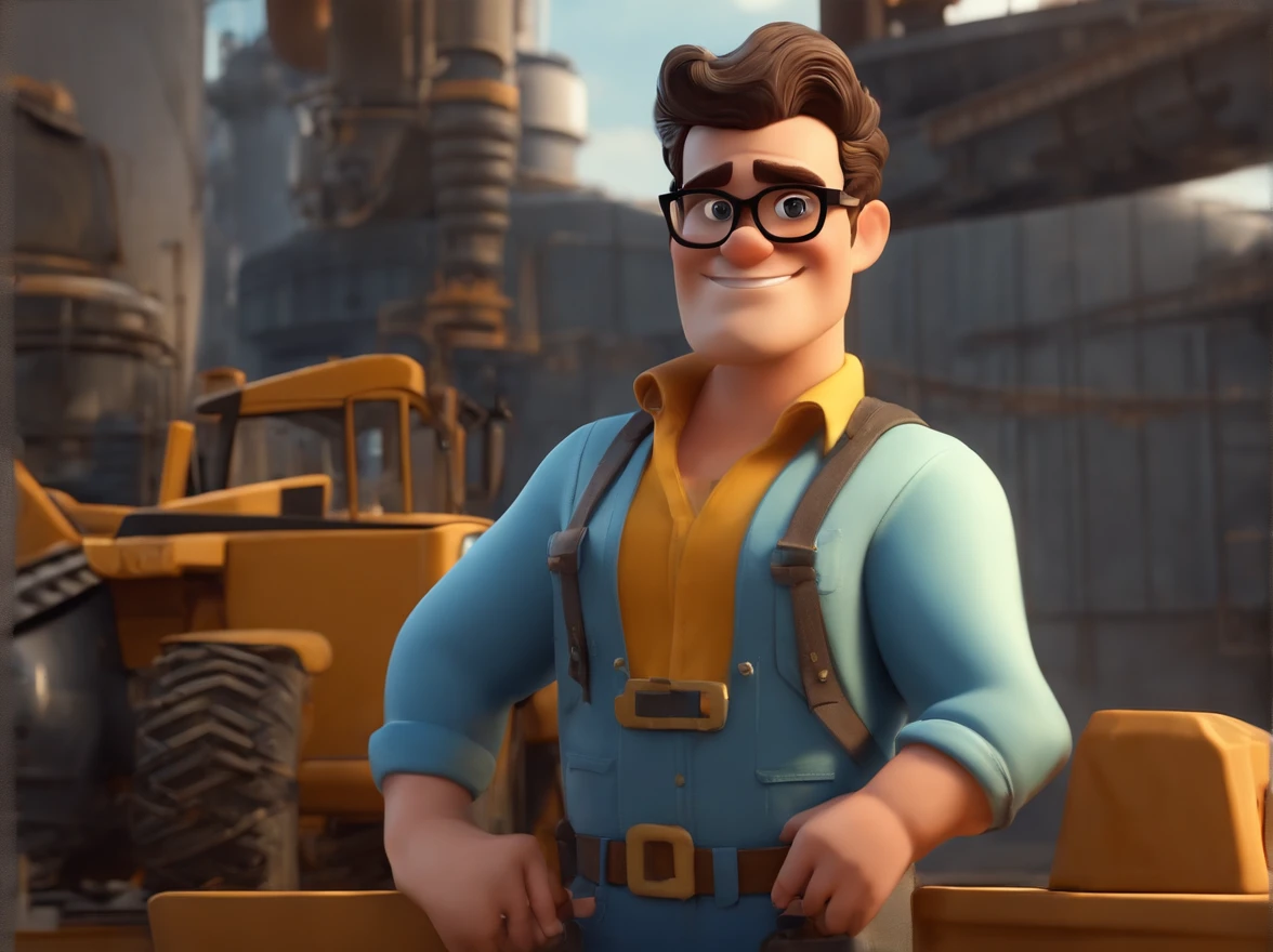 Cartoon character of a man wearing black glasses and a blue shirt, um personagem animado, pose de personagem, que represente uma empresa, Personagem 3D, In front of heavy machinery, industriais, estilo Pixar, com alta qualidade. And also operating heavy machinery.