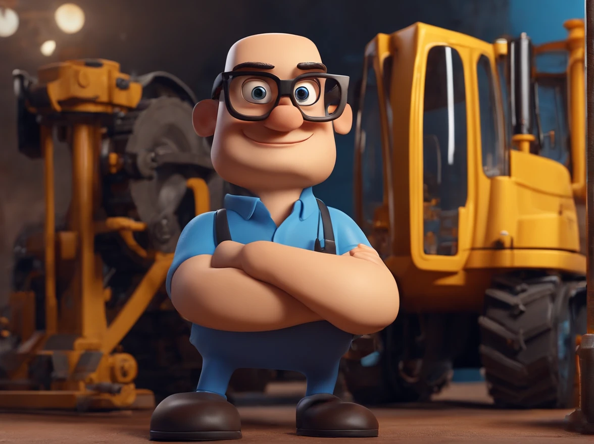 Cartoon character of a man wearing black glasses and a blue shirt, um personagem animado, pose de personagem, que represente uma empresa, Personagem 3D, In front of heavy machinery, industriais, estilo Pixar, com alta qualidade. And also operating heavy machinery.