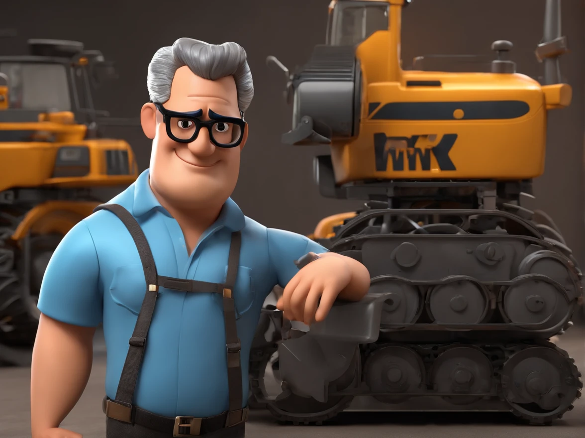 Cartoon character of a man wearing black glasses and a blue shirt, um personagem animado, pose de personagem, que represente uma empresa, Personagem 3D, In front of heavy machinery, industriais, estilo Pixar, com alta qualidade. And also operating heavy machinery.