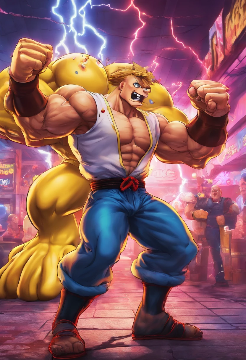 realistic 3d rendering of Spongebob and Patric , surrounded by lightning, big muscular, full body photography, hyperrealistic