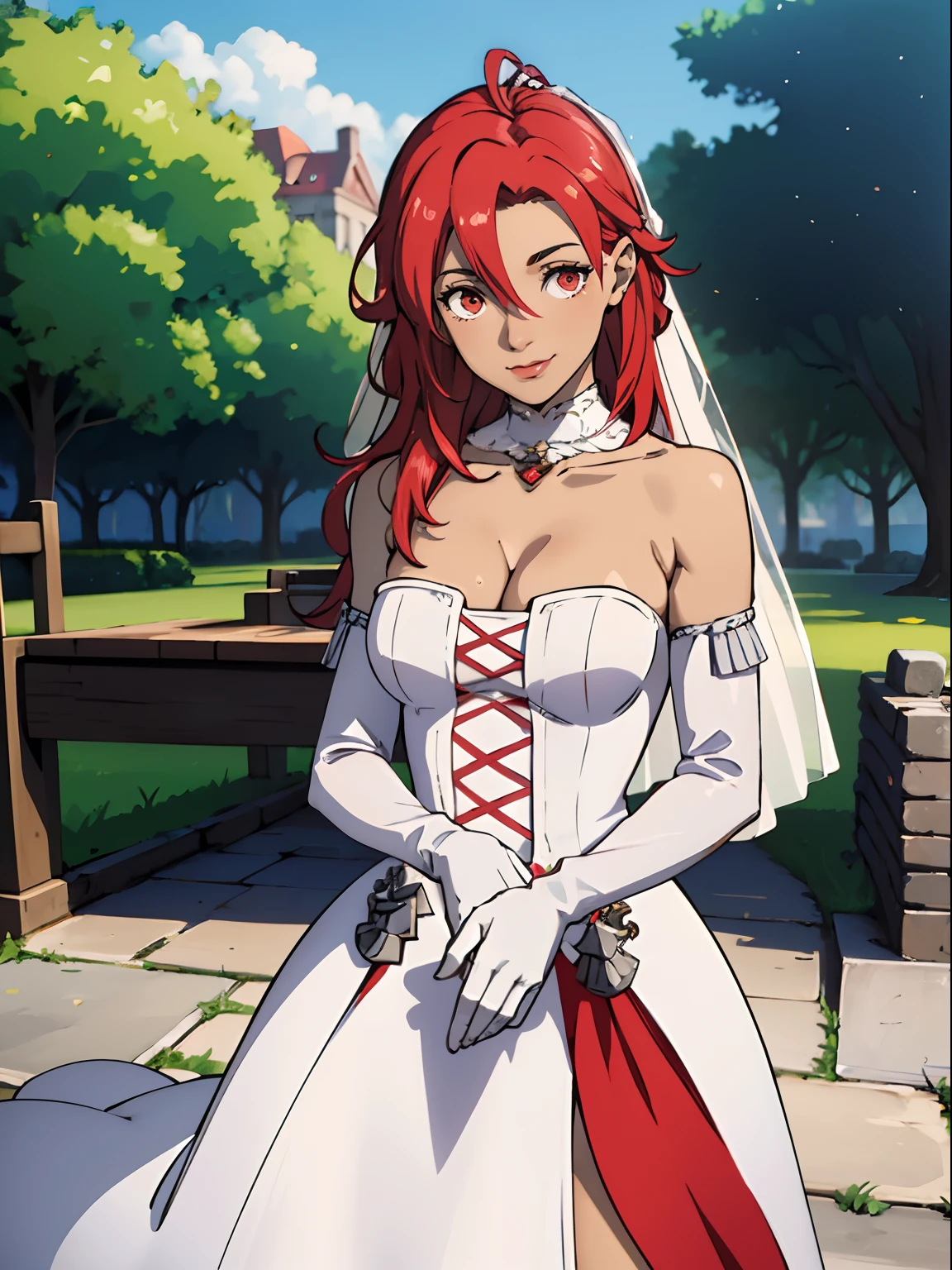 1girl hair between eyes, ahoge, red eyes, red hair, star \(symbol\), hair ornament, dress, cleavage, bare shoulders, collarbone, long white elbow gloves, white gloves, white dress, white choker, strapless, tiara, veil, strapless dress, wedding dress, bridal veil, beautiful woman, perfect body, perfect breasts, wearing a wedding dress, ball gown, in the park trees, wedding decorations, a in love smile, realism, masterpiece, textured skin, super detail, high detail, high quality, best quality, 1080p, 16k