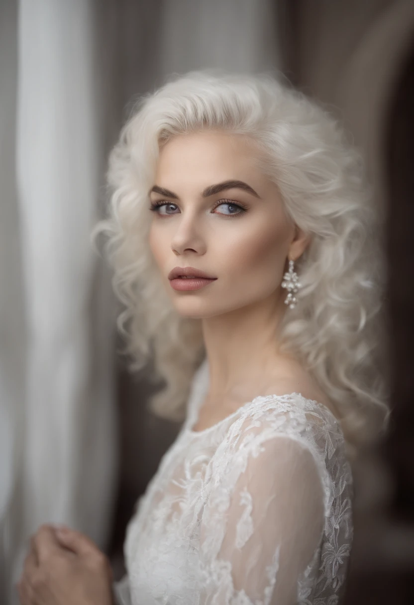 master part, best quality, ((fundo branco puro)), Standing, cara albino magro, cabelos brancos, white lashes, Sobrancelhas brancas, cara fria, pele clara, camiseta preta, sad face expression, Efeito de Luz, macio, super claro, high-definition picture, (frente) vestido