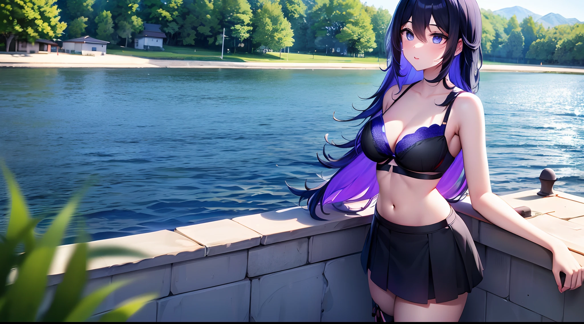 A girl, blue long hair, purple eyes, black tights, black colored skirt, blue opend blouse, red bra, lake, standing