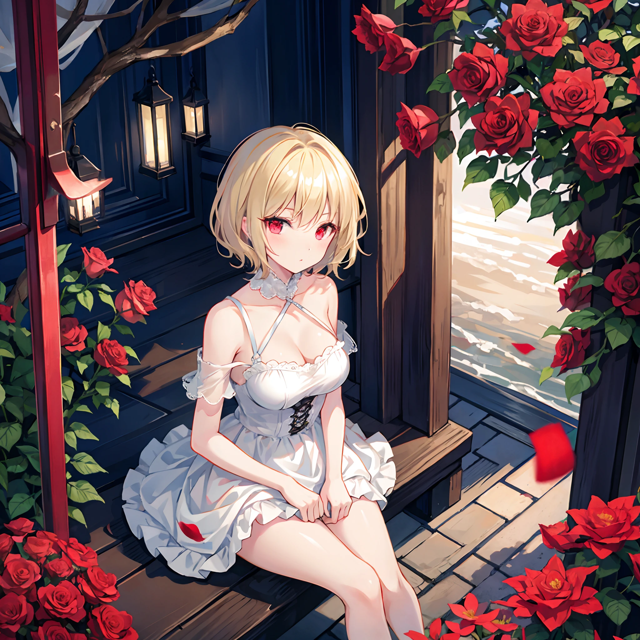 short blonde hair、Red-eyed girl、Sitting surrounded by roses、sexy dress、