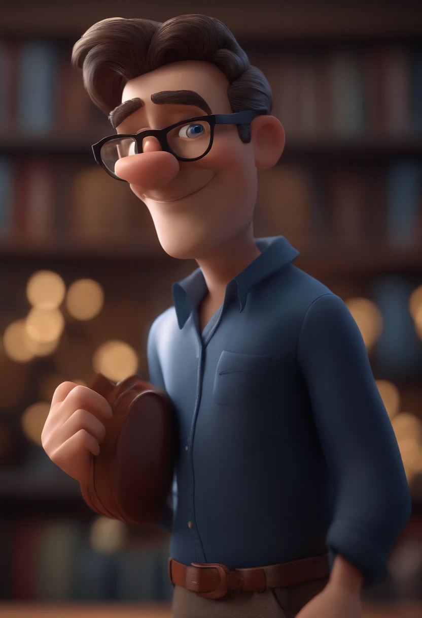 Cartoon character of a man with black glasses and a blue shirt, animation character, Caractere estilizado, animation style rendering, 3D estilizado, Arnold Maya render, 3 d render stylized, toon render keyshot, Personagem 3D, Personagem 3D, 3d rendering stylized, 3 d character render, personagem de desenho animado, Personagem de close up, Pose de personagem,  (Estilo Pixar) (master part:1.2) (Bokeh) (best quality) (pele detalhada) (textura detalhada) (8k) (argila) (Cinematic lighting) (foco nítido