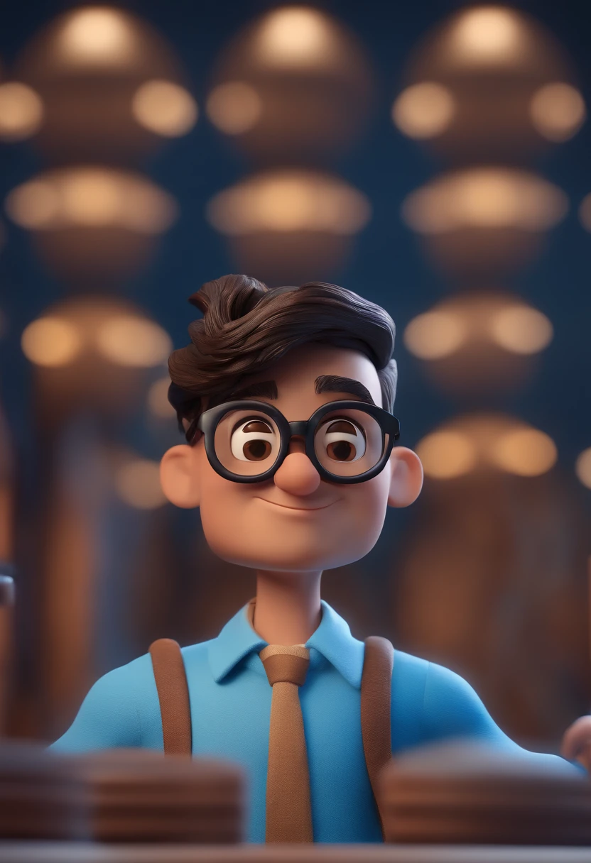 Cartoon character of a man with black glasses and a blue shirt, animation character, Caractere estilizado, animation style rendering, 3D estilizado, Arnold Maya render, 3 d render stylized, toon render keyshot, Personagem 3D, Personagem 3D, 3d rendering stylized, 3 d character render, personagem de desenho animado, Personagem de close up, Pose de personagem, (Estilo Pixar) (master part:1.2) (Bokeh) (best quality) (pele detalhada) (textura detalhada) (8k) (argila) (Cinematic lighting) (foco nítido