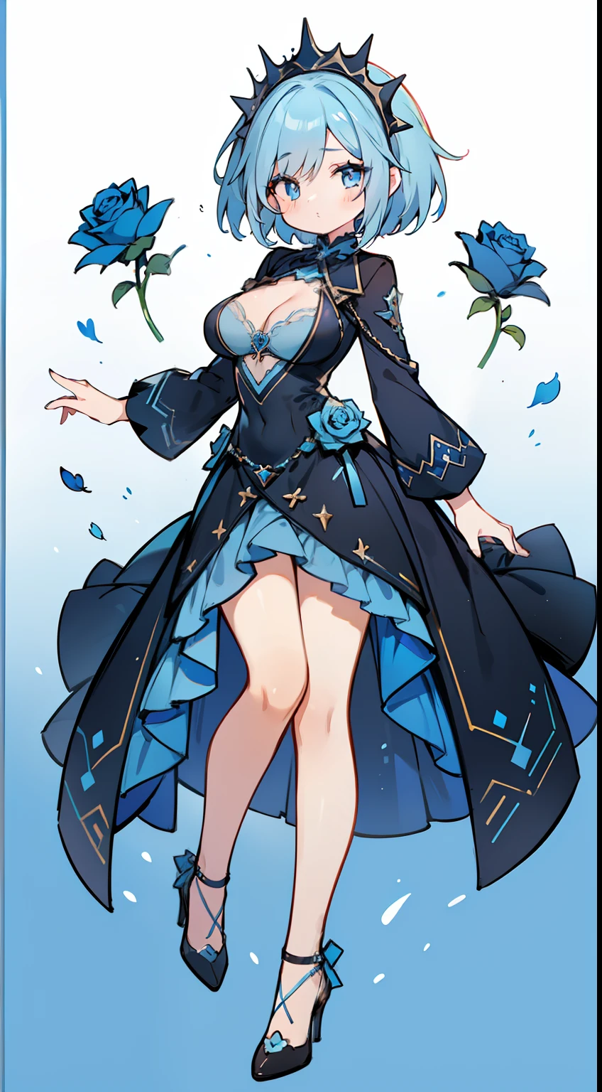 masterpiece, high quality, best quality, beautiful, hd, perfect lighting, detailed face, detailed body, 1 girl, solo, black hair, bun, blue eyes, blue ball gown, pleated, large breasts, open shoulders, open neckline, royal lock in the background, arms folded in front, sexy face, open neckline, ((full body)),