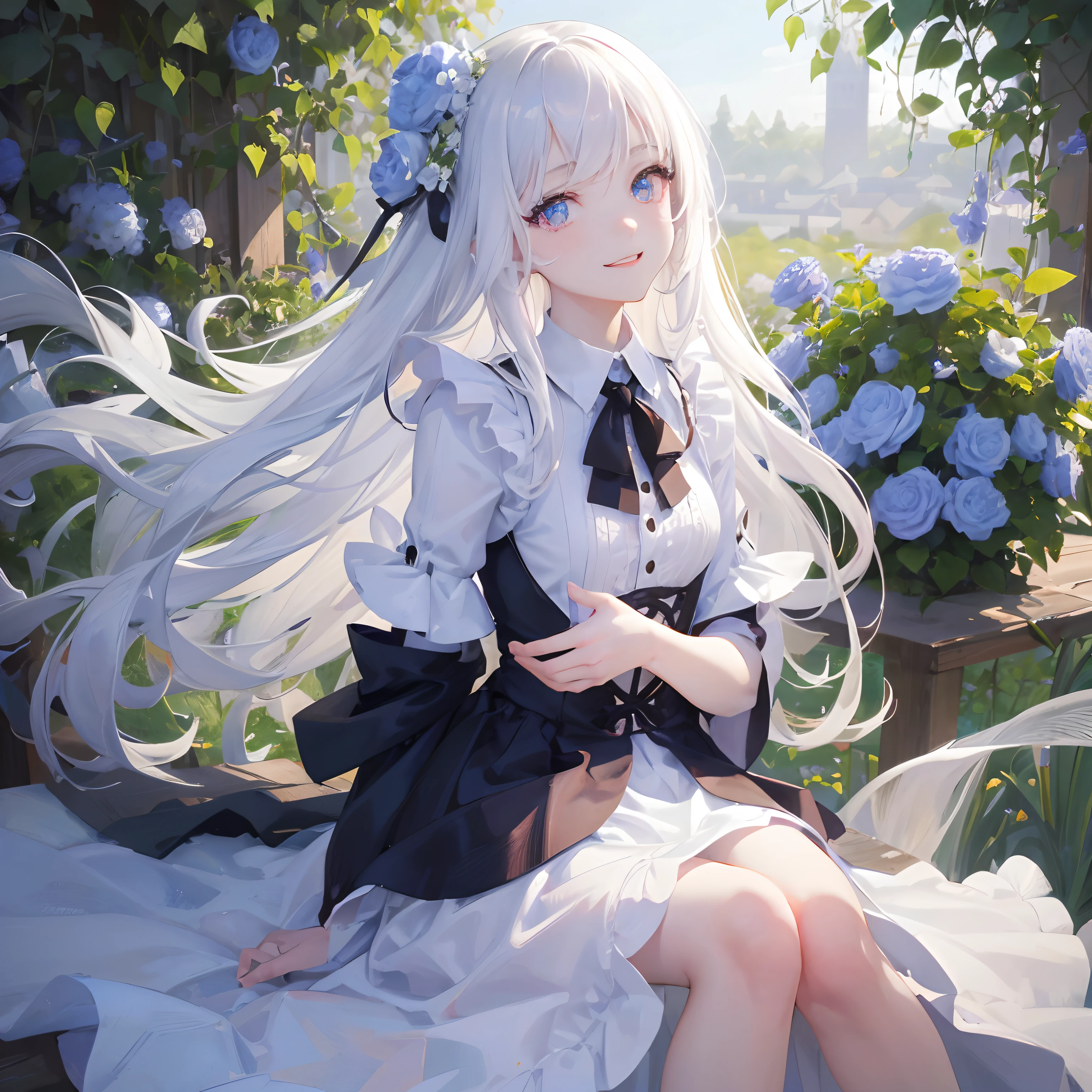 masutepiece, Highest Quality, (Perfect face:1.1), (high detailing:1.1), (ultradetailed eyes), Dramatic, superfine illustration, Extremely detailed, 1girl in, (pale skin), long white hair, Ethereal eyes, (light eyebrow), ((Lovely smile)), (Half-body image:1.5),Solo, Long hair, student clothes,Pouty lips, Proud Expression, Laughing, Cinematic lighting, One-person viewpoint, In the garden, bule flowers
